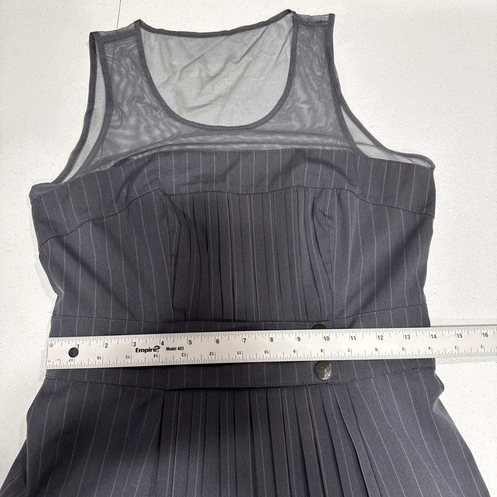 Bebe Dress Fit & Flare Pleats Mesh Chest Back Womens Sz 6 Gray Pink Pinstripes