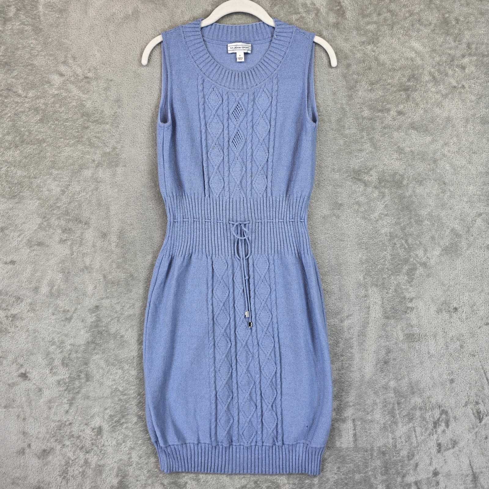 St. John Sport Sweater Dress Womens S Blue Cable Knit Sleeveless Belted Mini