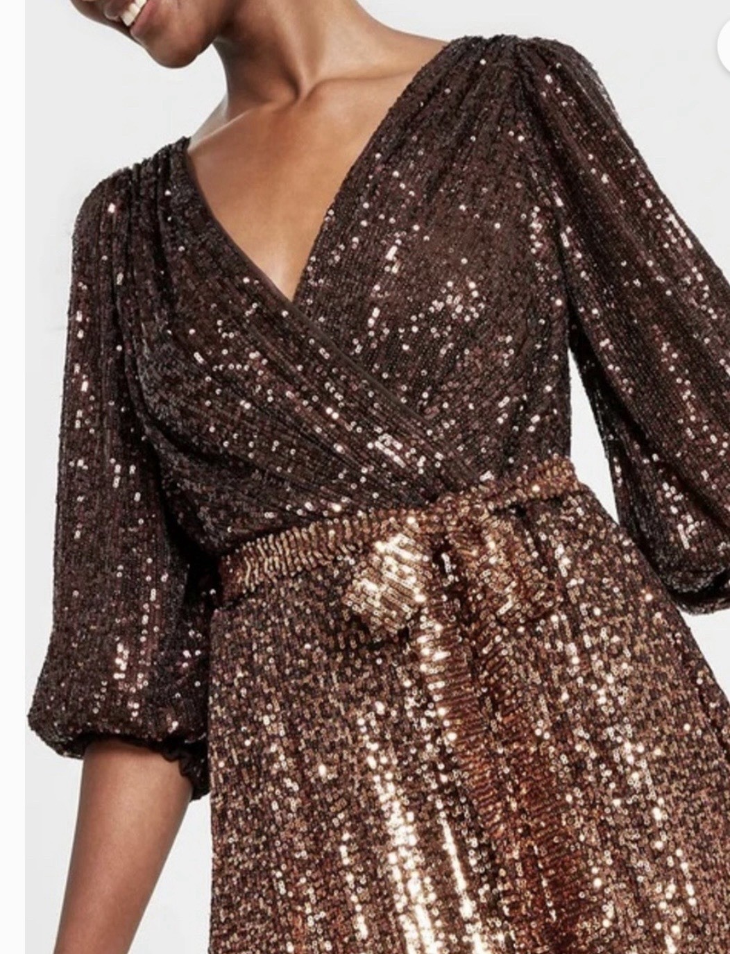 DKNY Brown Sequin Dress Faux Wrap Puff Sleeve with Stretch Women’s Size 8 NWT