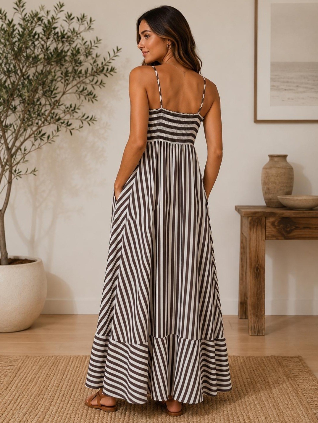Brown/Ivory striped maxi with side pockets & a ruffled hem-size L