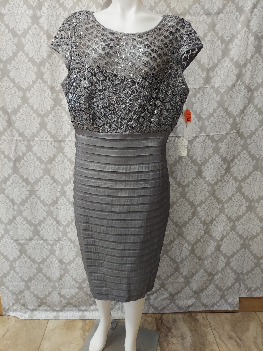 Km Collections Size18 Silverlacetop Satinlook Torso Skirt Form Fit Seetrough To