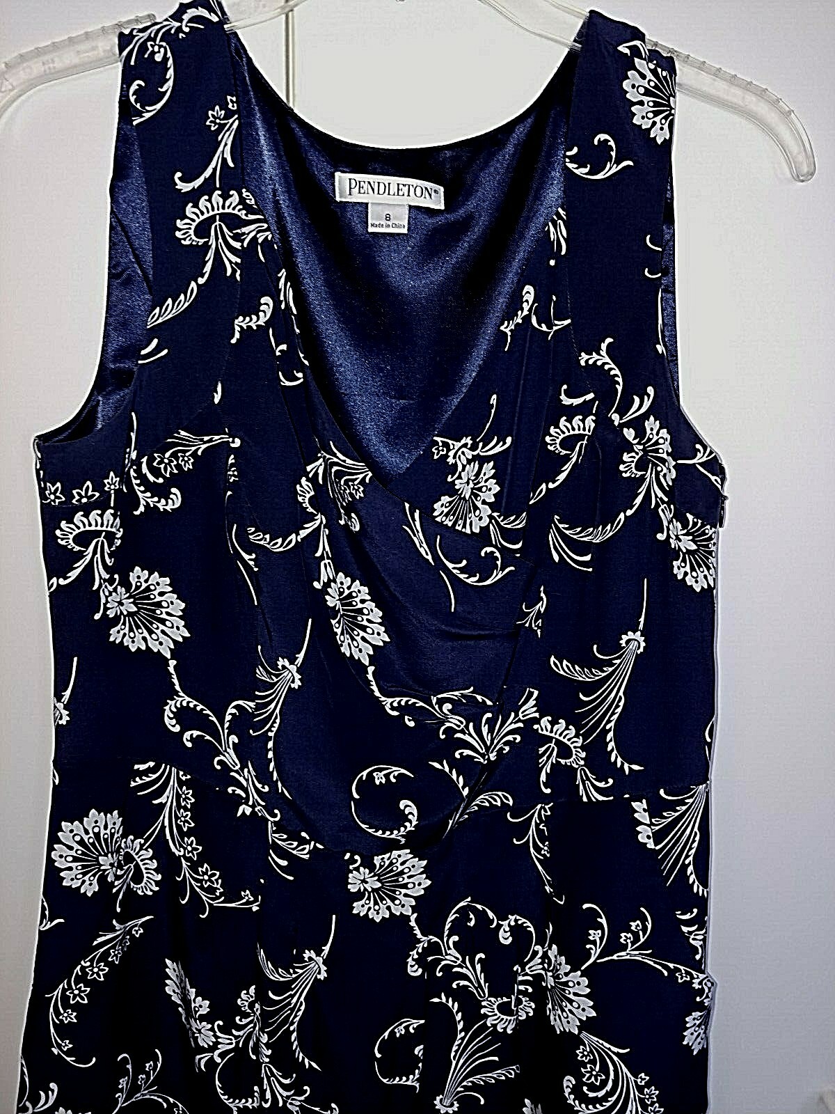 PENDLETON LADIES SLEEVELESS NAVY/WHITE SILK WAIST DRESS-8-CROSS-OVER V-NECK-NICE