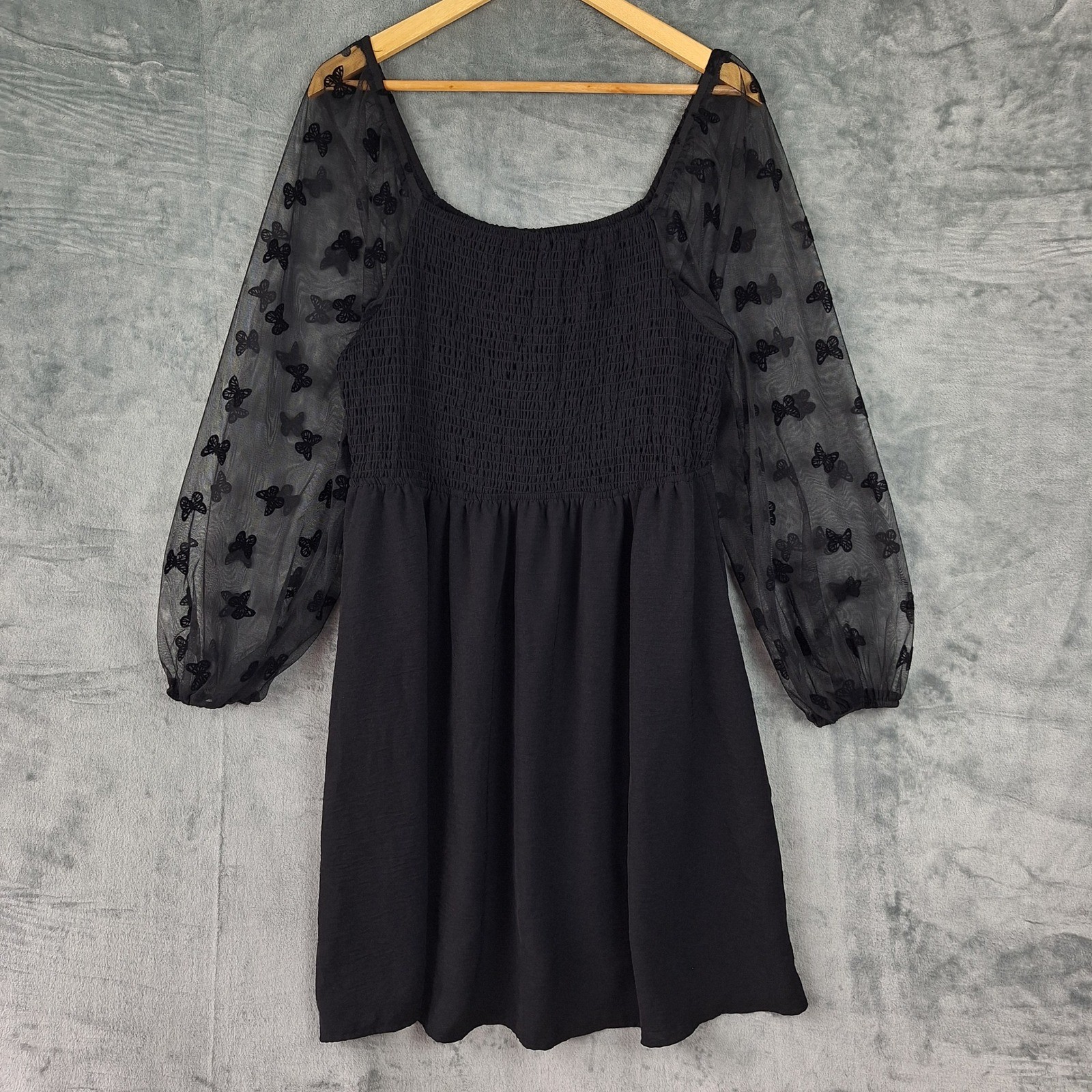 Womens Dress Large Black Whimsigoth Sheer Butterfly Smocked Fairy Grunge Goth