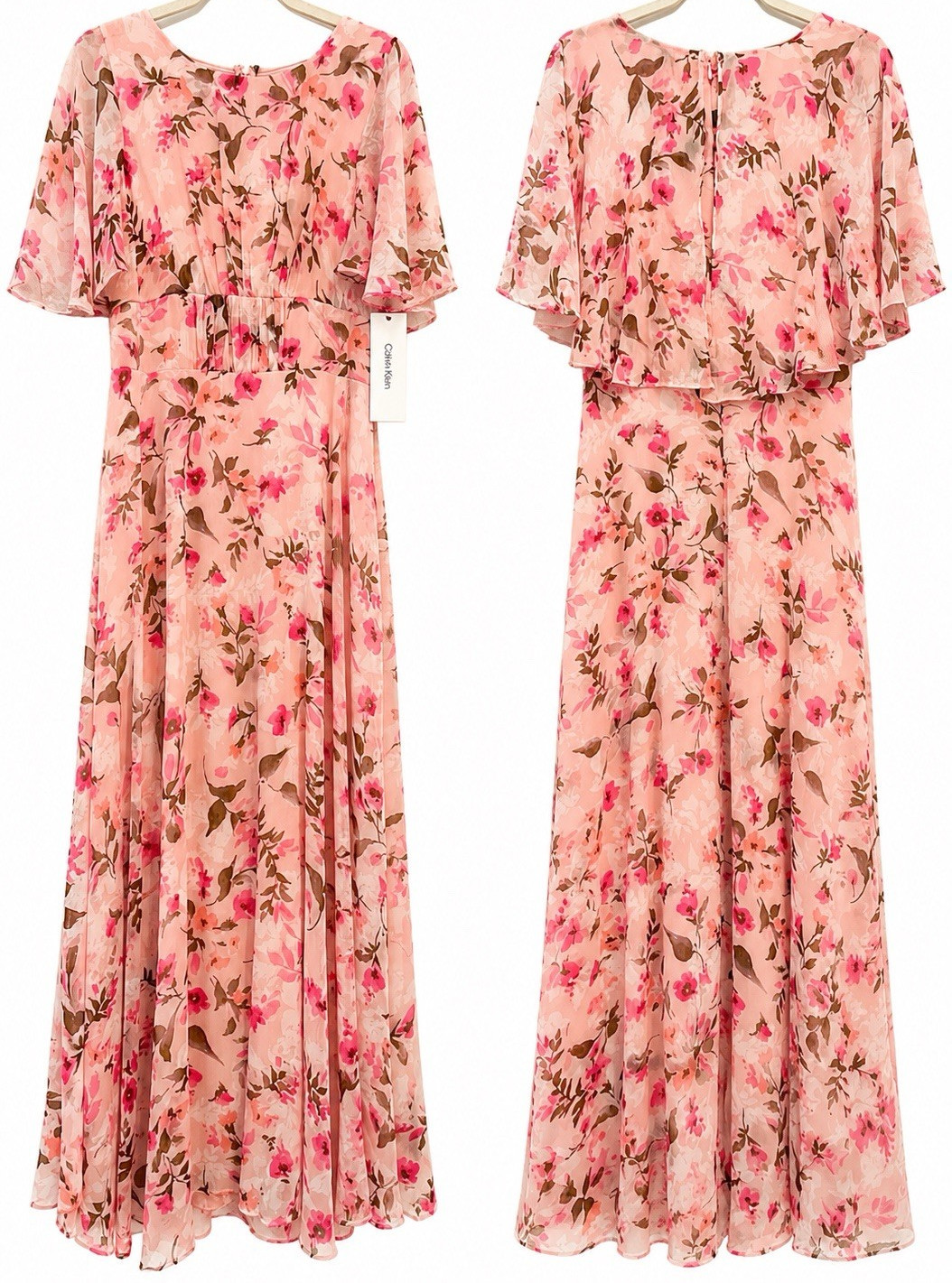 Calvin Klein Women’s Pink Floral Smocked Chiffon Flutter Sleeve Maxi Dress 12