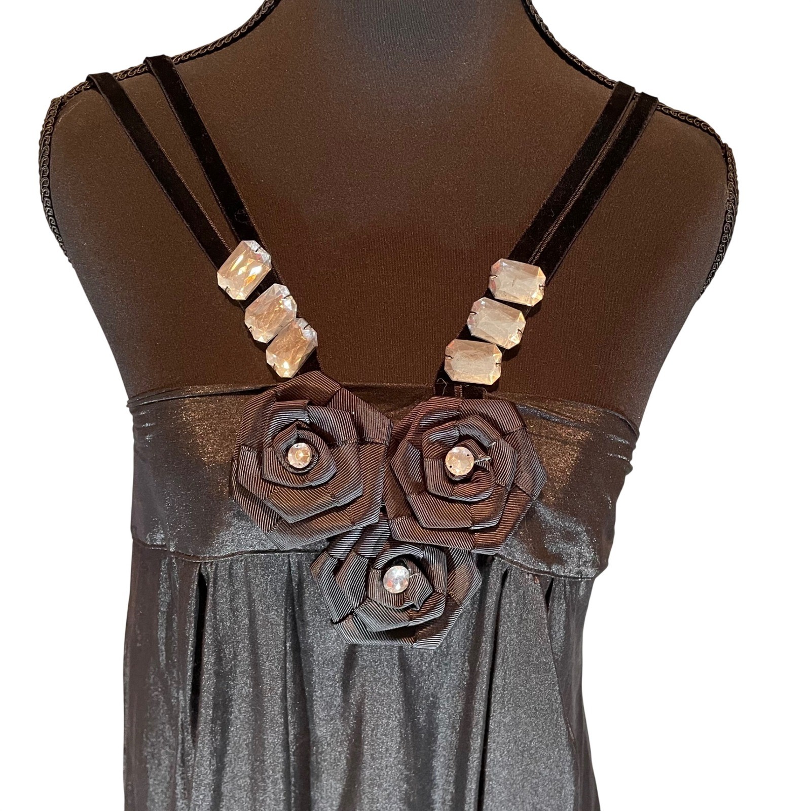 Vtg Black Sm Rosette Rhinestone Smocked Babydoll Cocktail Dress Whimsigoth Y2K
