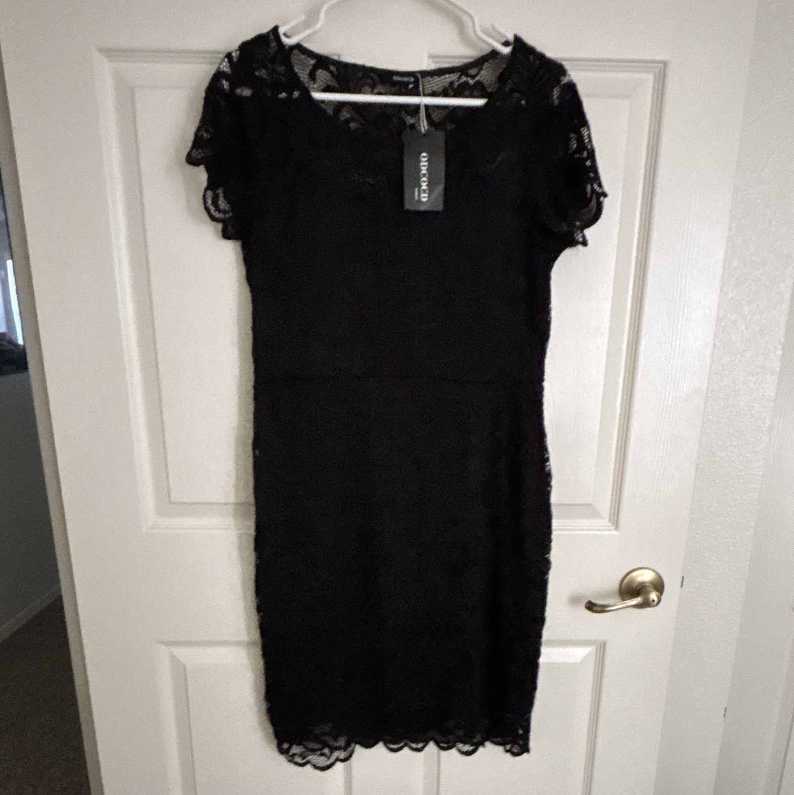 ODCOCD Black Floral Lace Sheath Knee Dress Cap Sleeve Lined Size L