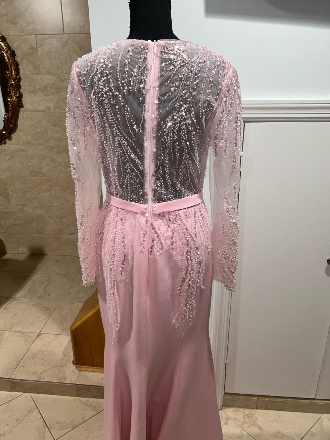 Pink Beaded Linear Cascading Long-Sleeve Mermaid Gown