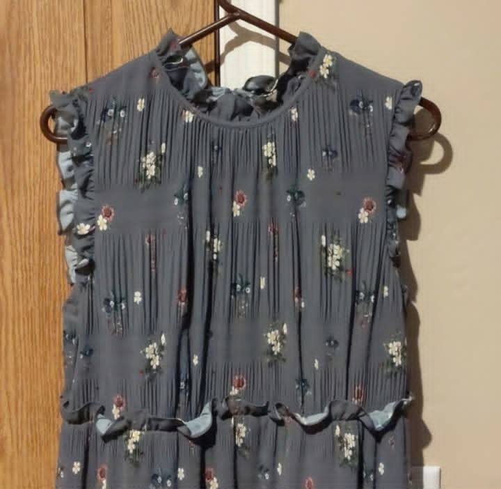 Ted Baker Oracle Mock Neck Midi Ruffle Gray Pleated Sleeveless Floral Size 4