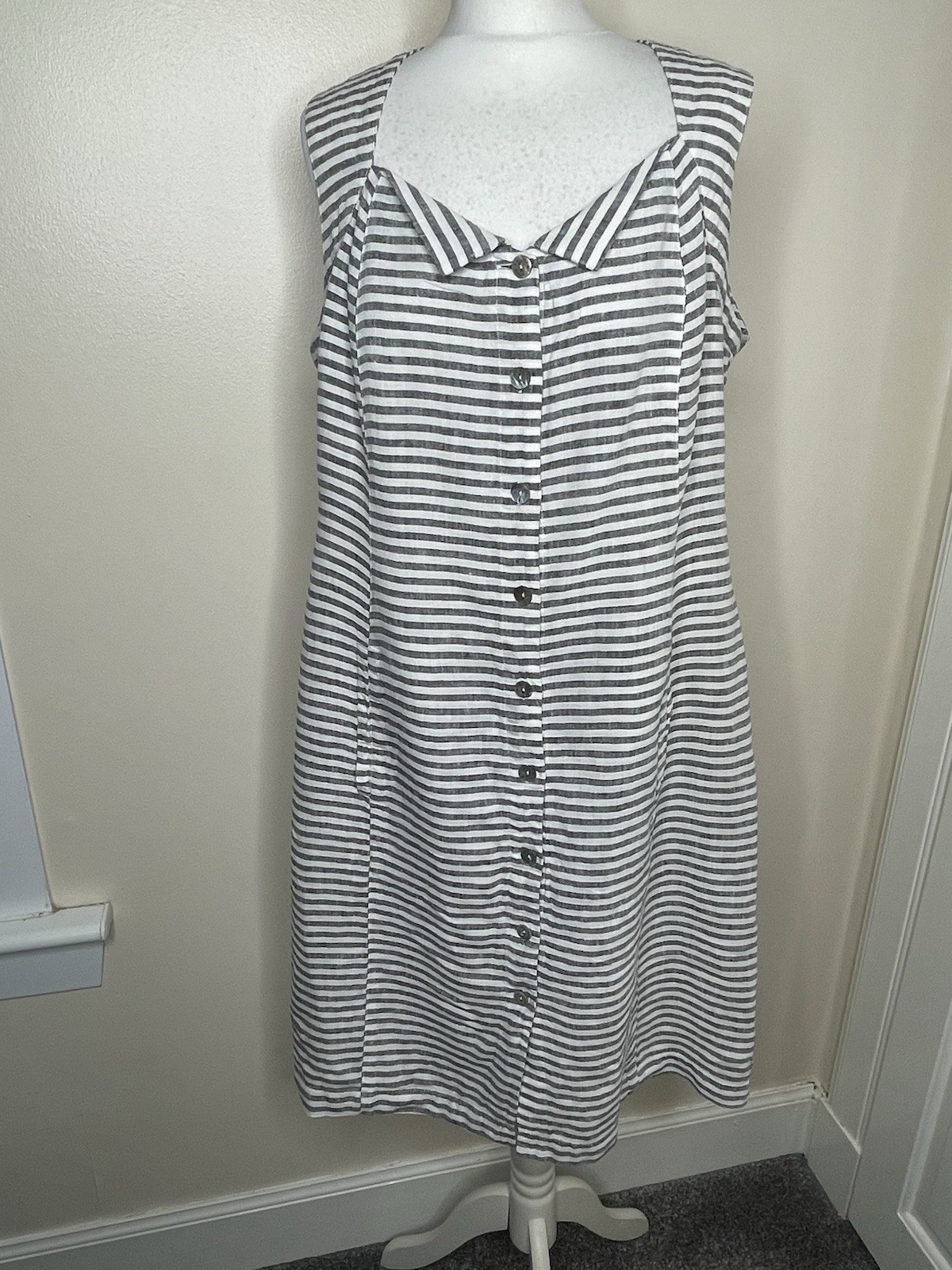 Bitte Kai Rand Grey White Stripe Linen Dress Button Front Pockets Sleeveless VGC