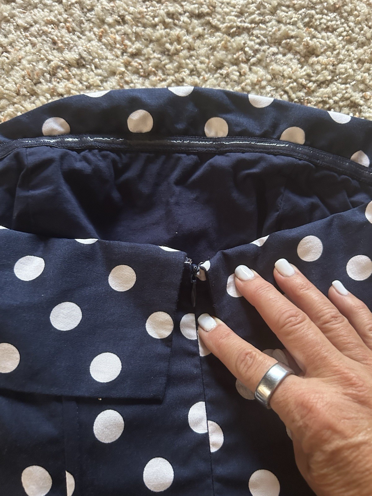 Boutique Navy Blue & White Polka Dot Strapless Sheath Maxi Dress Sz S (fits XS)