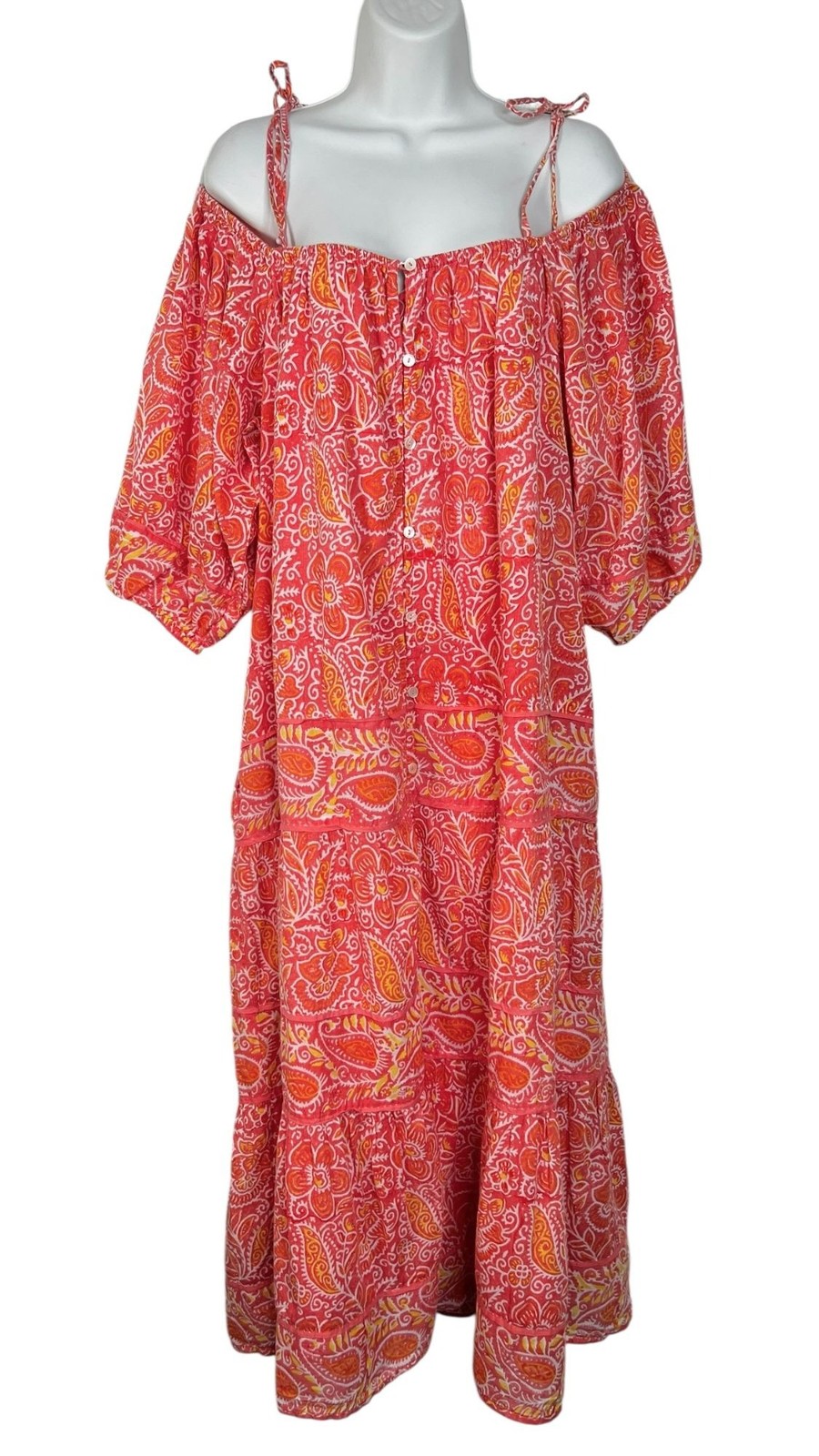 Cleobella Violet Midi Dress Blossom Floral Block Print Orange Peach Pink Medium