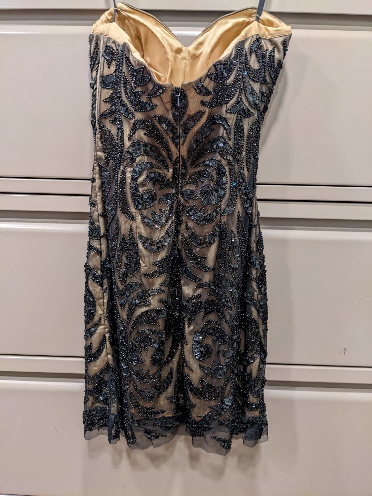 Scala Sequin Silk Beaded Mini Dress Sz 8 Strapless Sweetheart Neckline Black