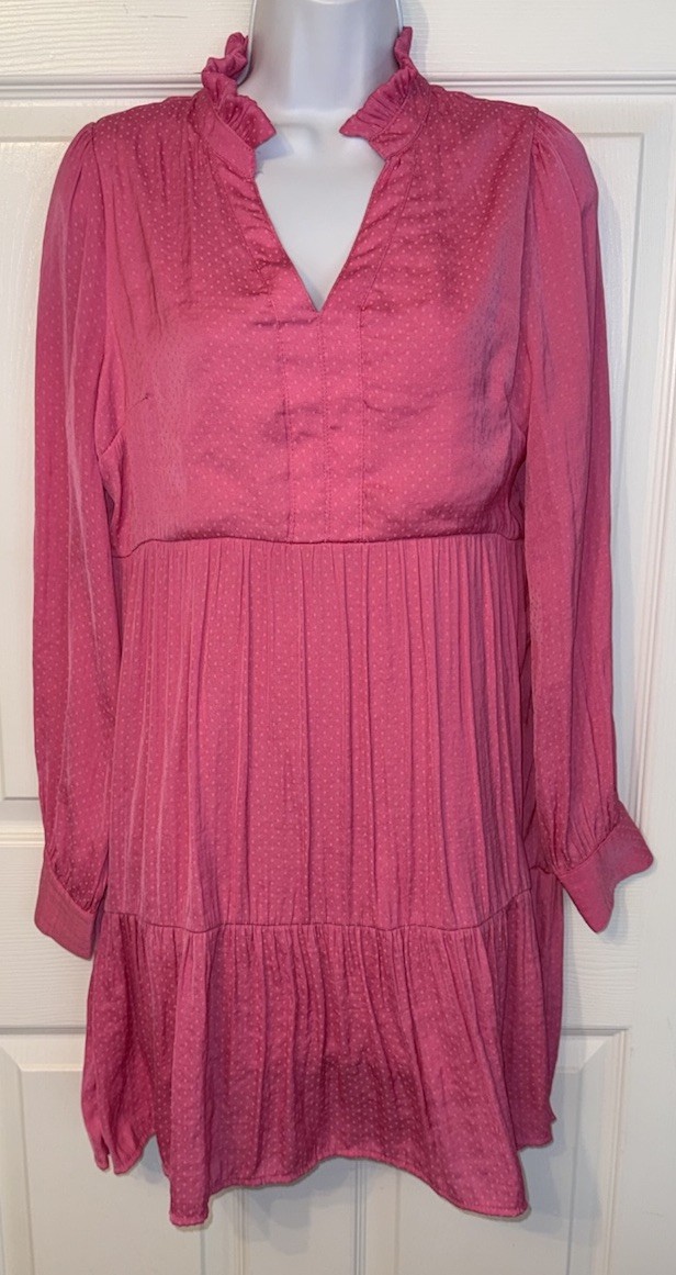 Karlie Sz Small Pink Tonal Dot L/S Ruffled Tiered Lined Dress EUC
