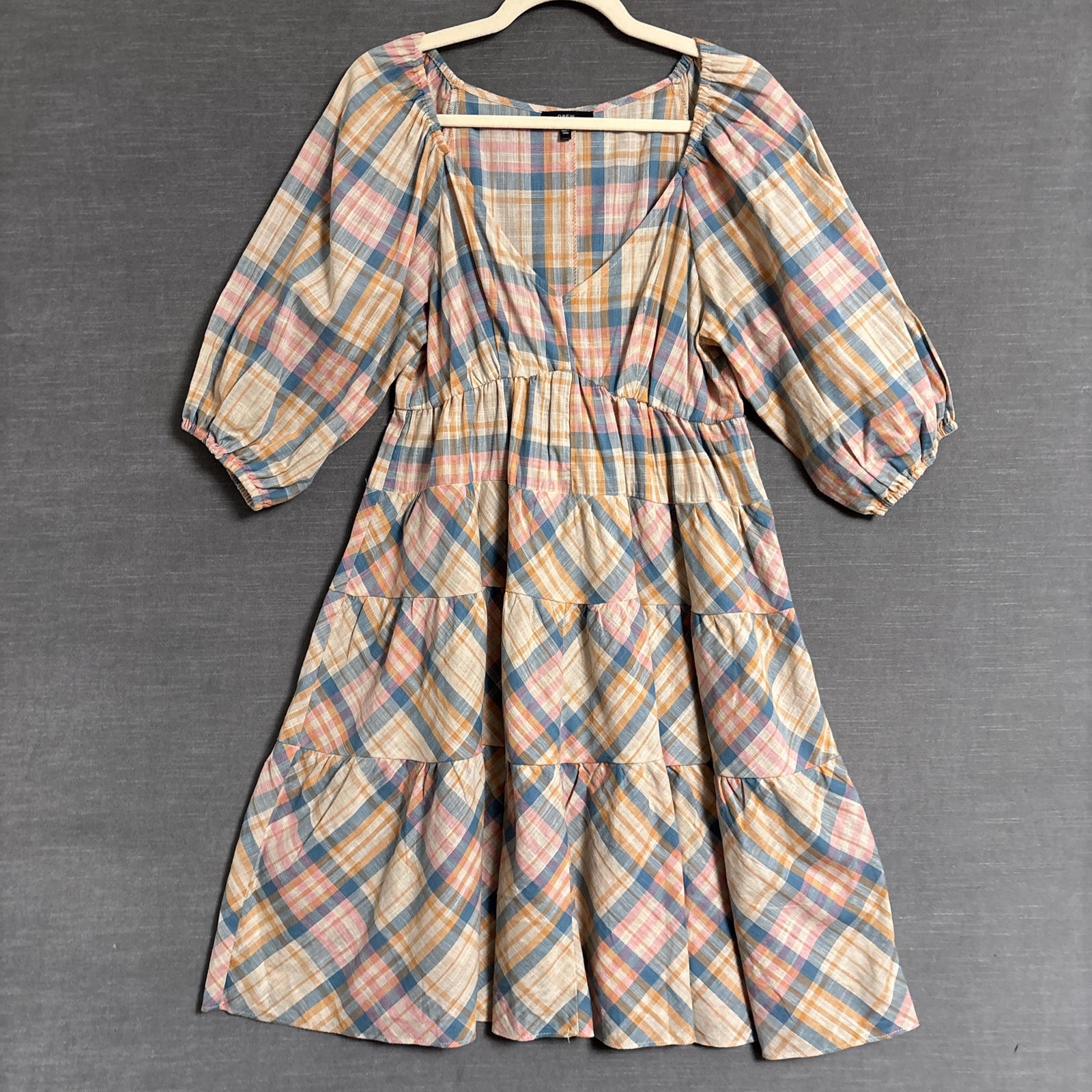 Drew Dress M Beige Blue Pink Plaid Tiered Cotton Boho Western Anthropologie