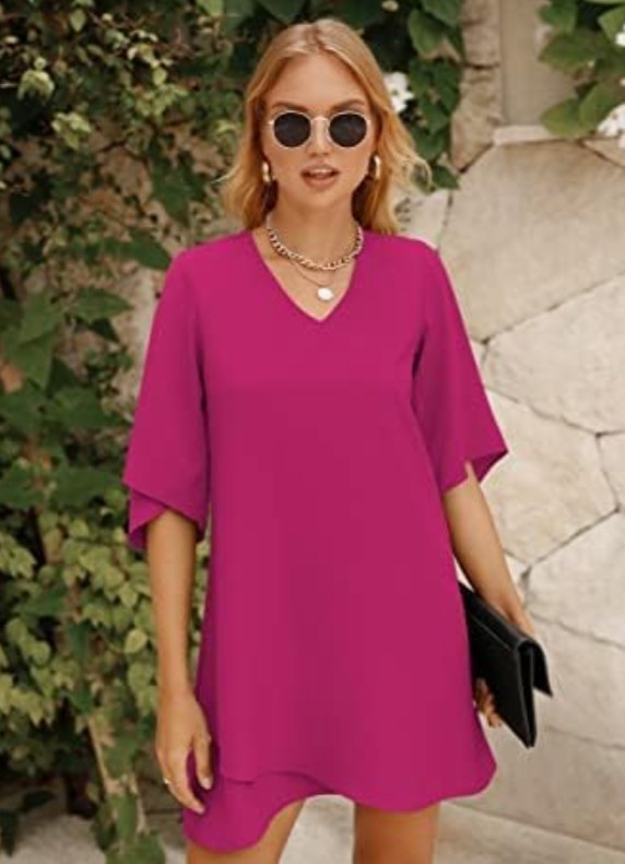 Belongsci Women’s 3/4 Sleeve V-Neck Dress Pink Size Medium
