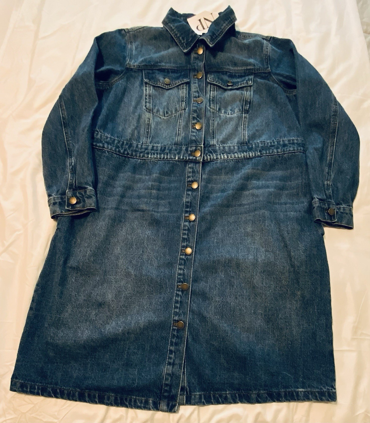 Nina Parker Long Sleeve Denim Dress Med Wash Button Front Chest Pockets Size 1X