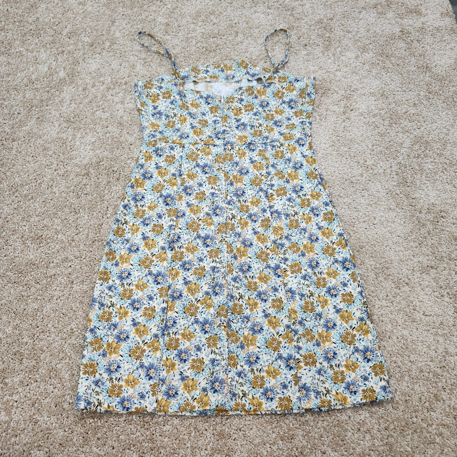 Originality Blue Yellow Floral Mini Dress Spaghetti Strap Women’s S