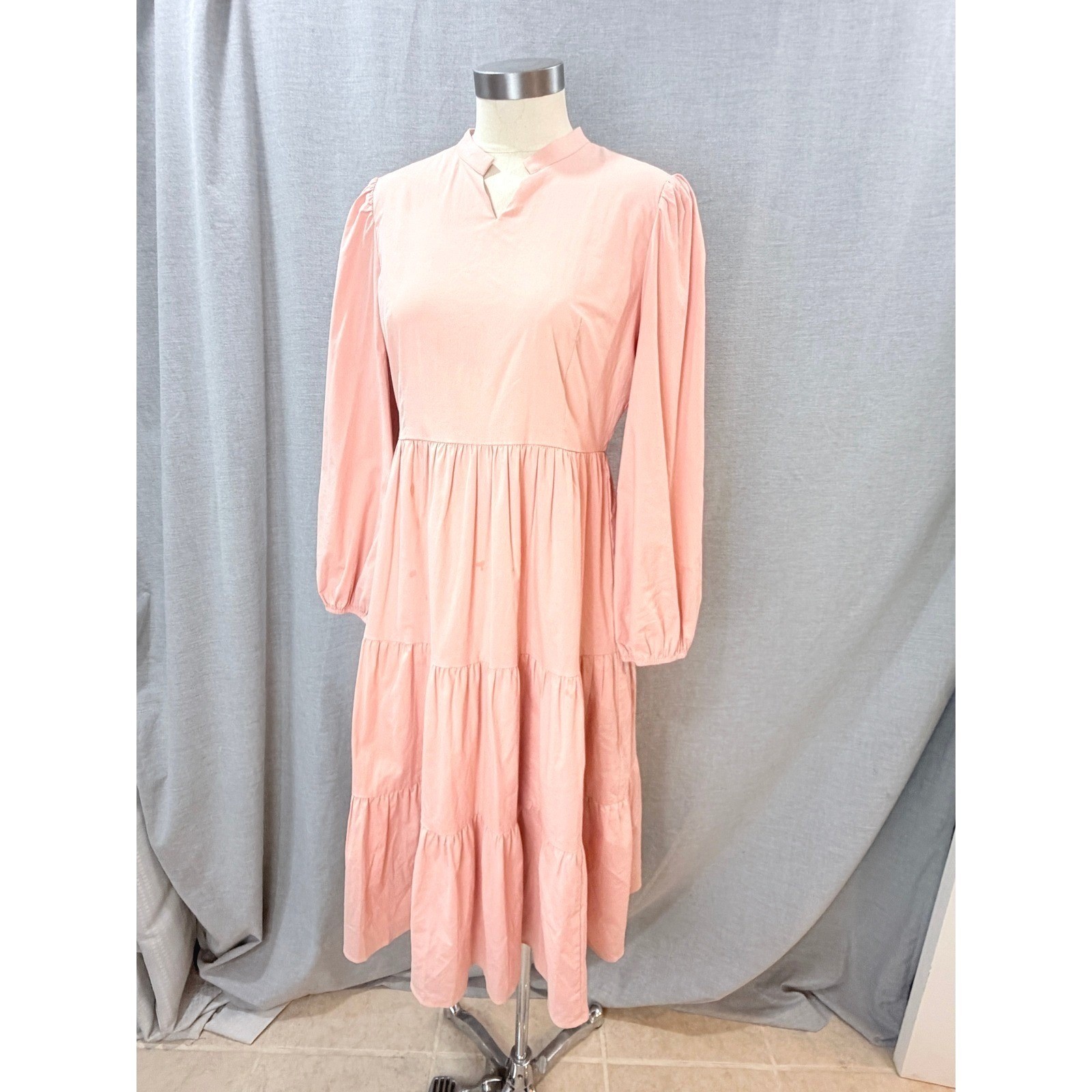 Dainty Jewells Peach Pink Tiered Midi Dress Long Sleeve Modest Cotton Blend M