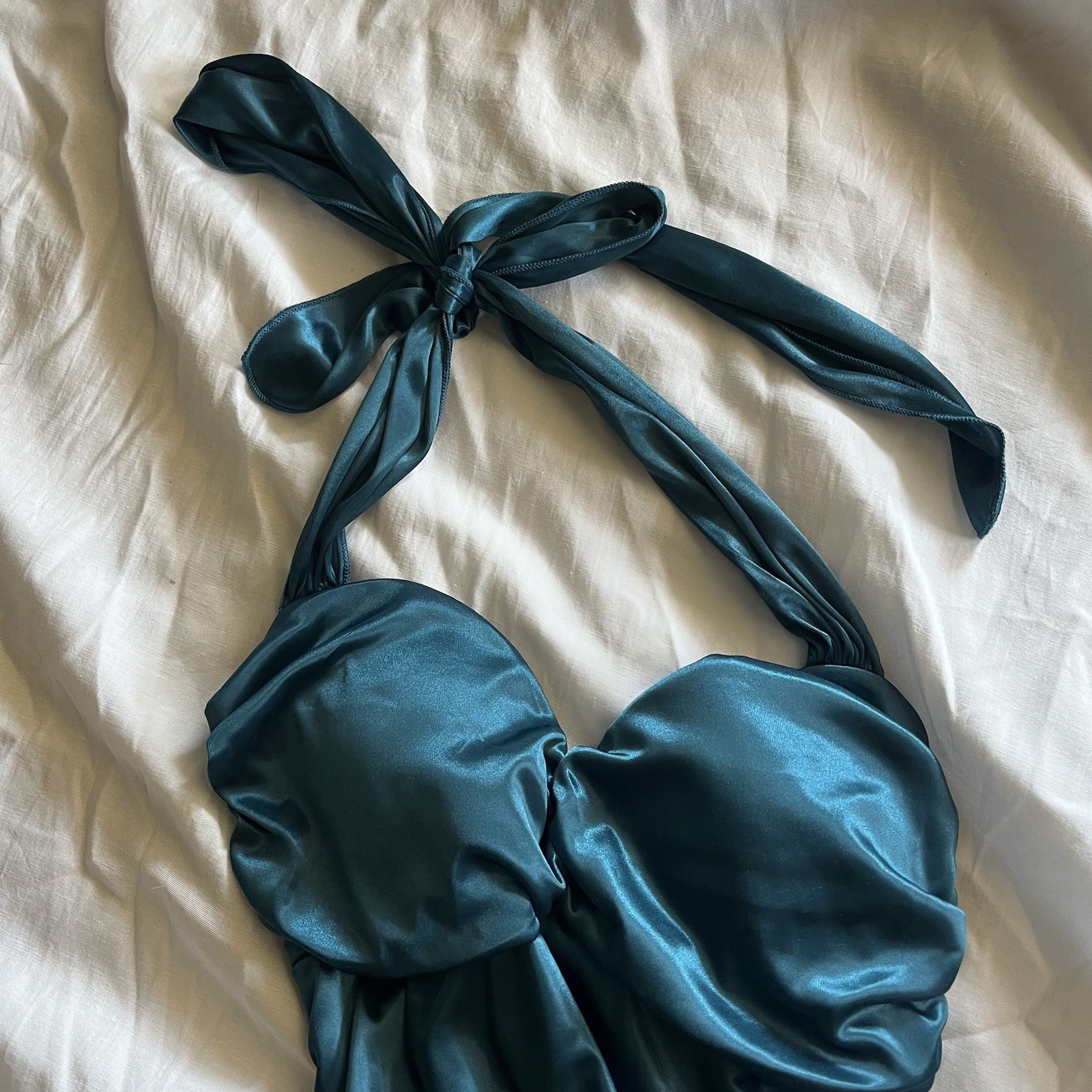 Y2K My Michelle Teal Satin Halter Ruffle Party Dress Size M Fairy Mermaid