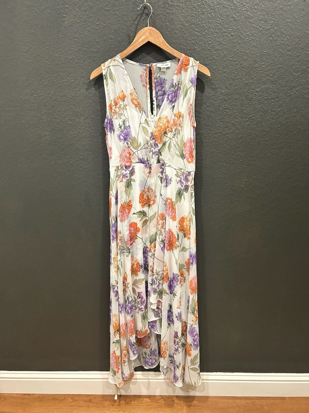 Calvin Klein Sleeveless Floral Chiffon High-Low Maxi Dress Size 8