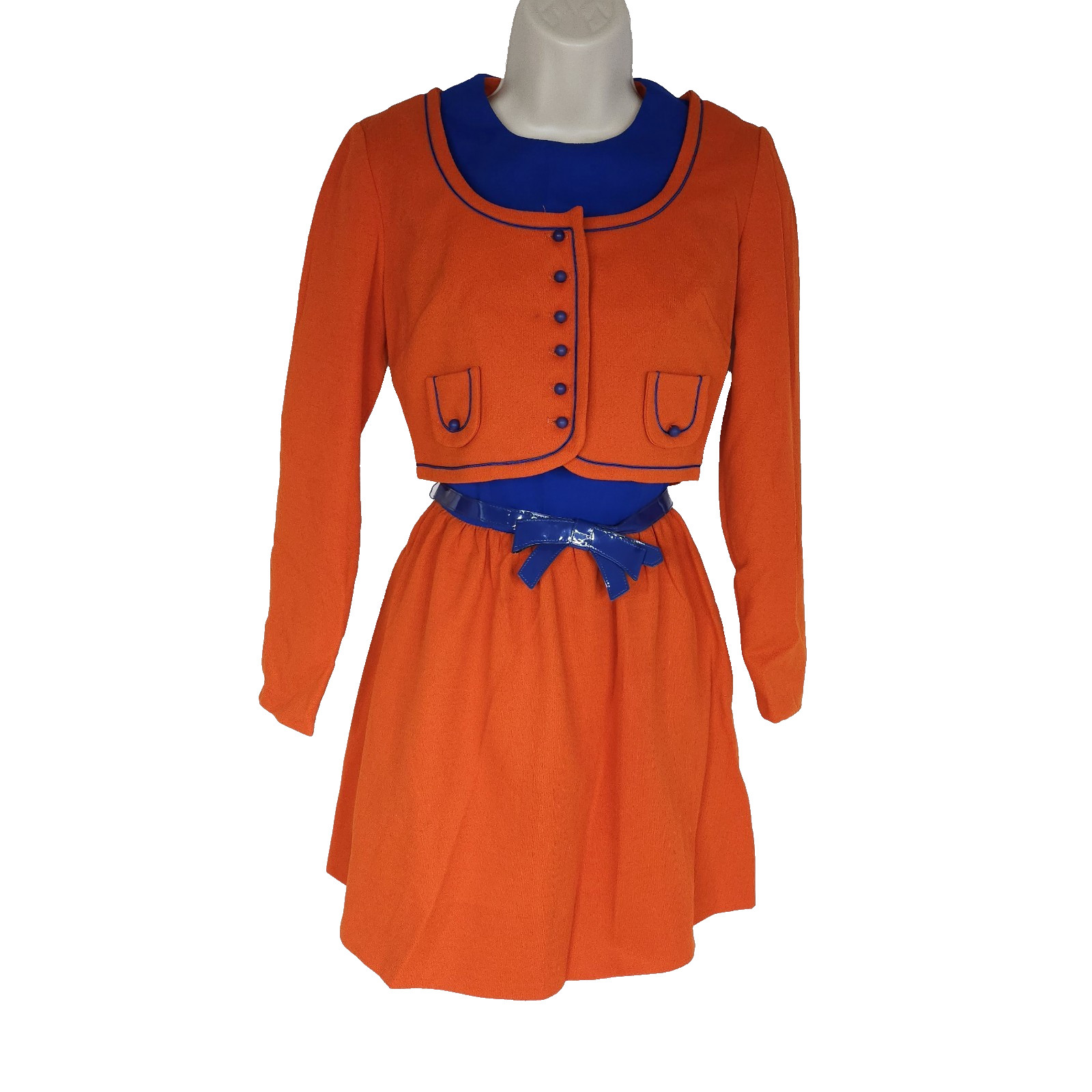 VTG 70s Womens Dress Crop Cardigan 2 Pc Set Orange Blue Bow Belt Size 7 Disco