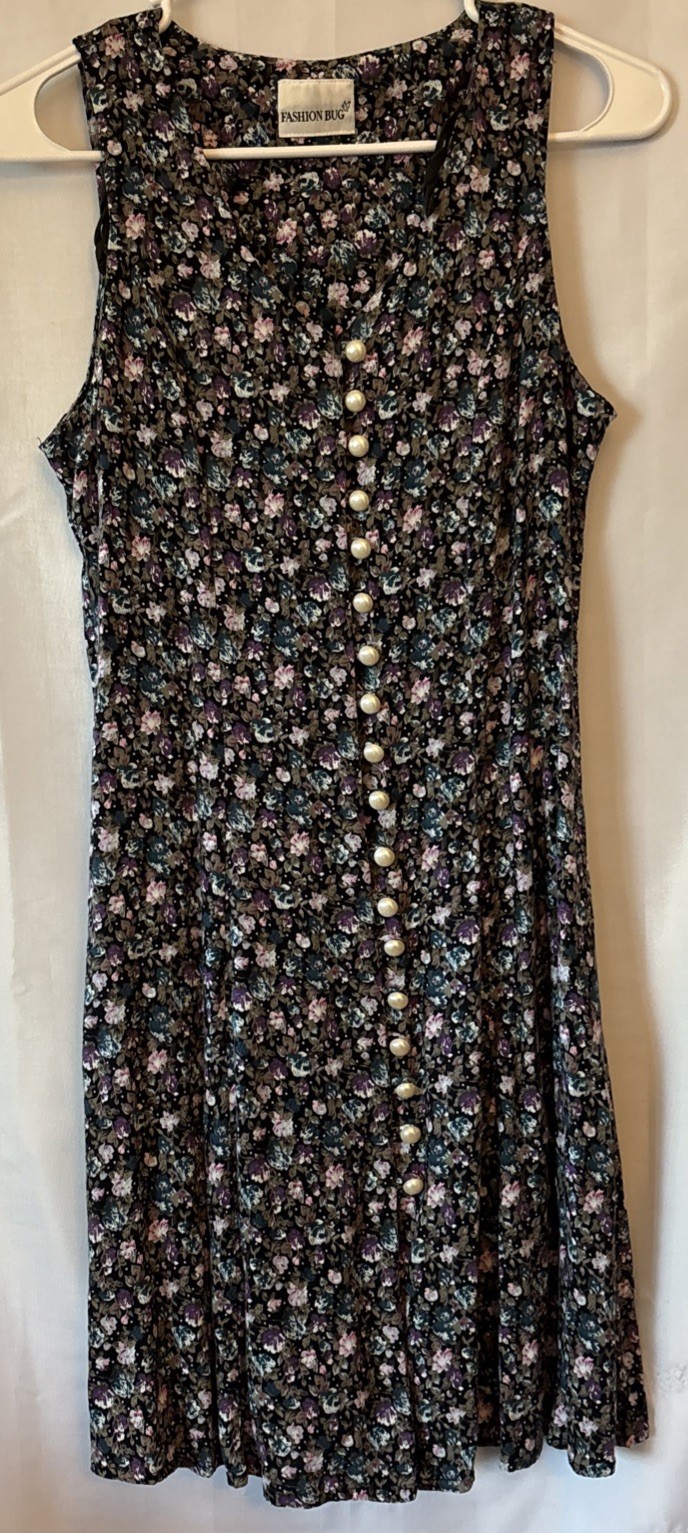 Vintage Sleeveless Blue Floral Dress Pearl Button Front Cottagecore Y2K 90s XS