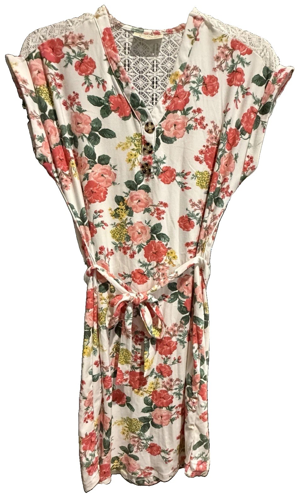 NWT Bobbie Brooks Women’s Small White Floral Dress V Neck Lace Back Waist Tie