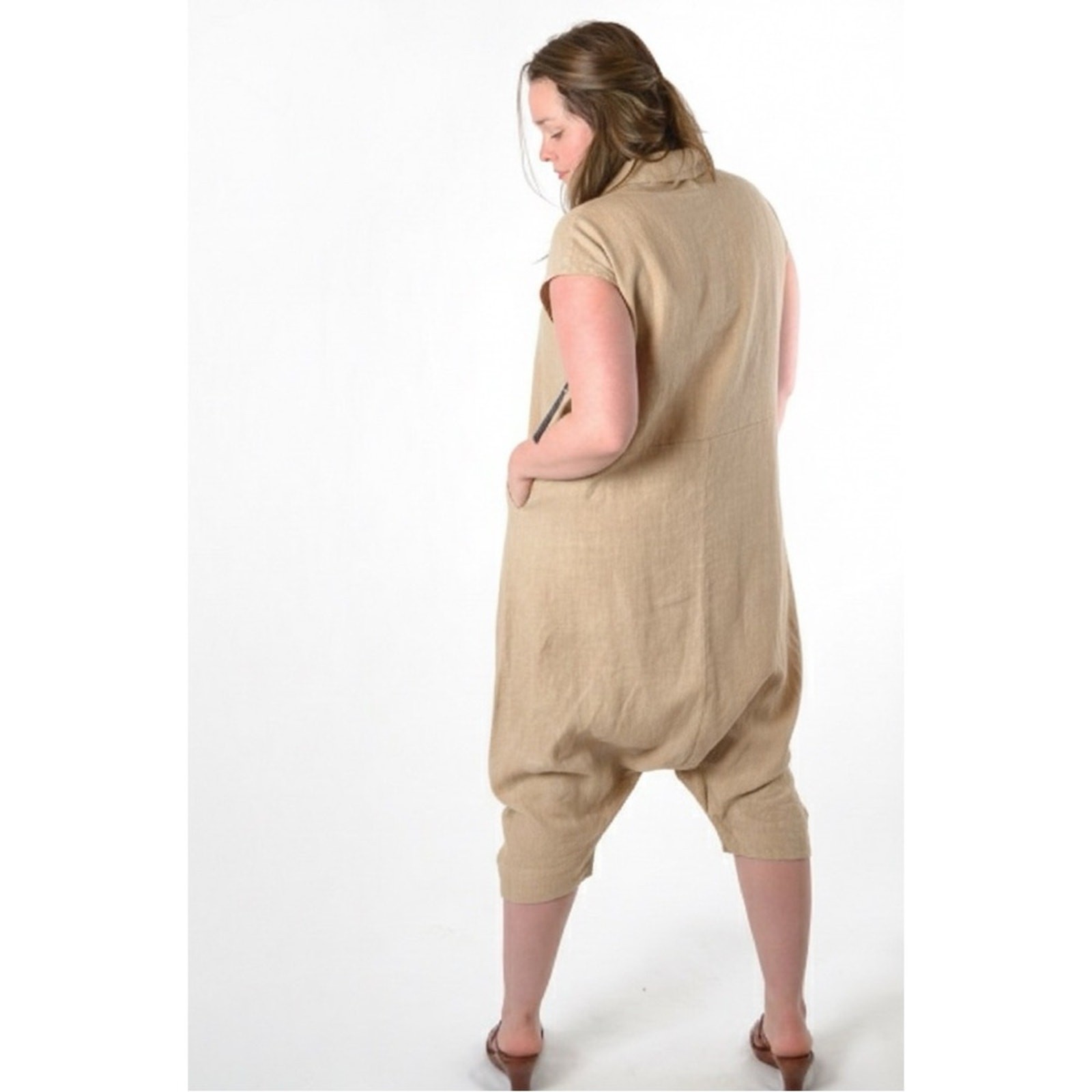 Bryn Walker Atticus Romper Jumpsuit Dress Med Sand Linen Lagenlook Artsy Boho