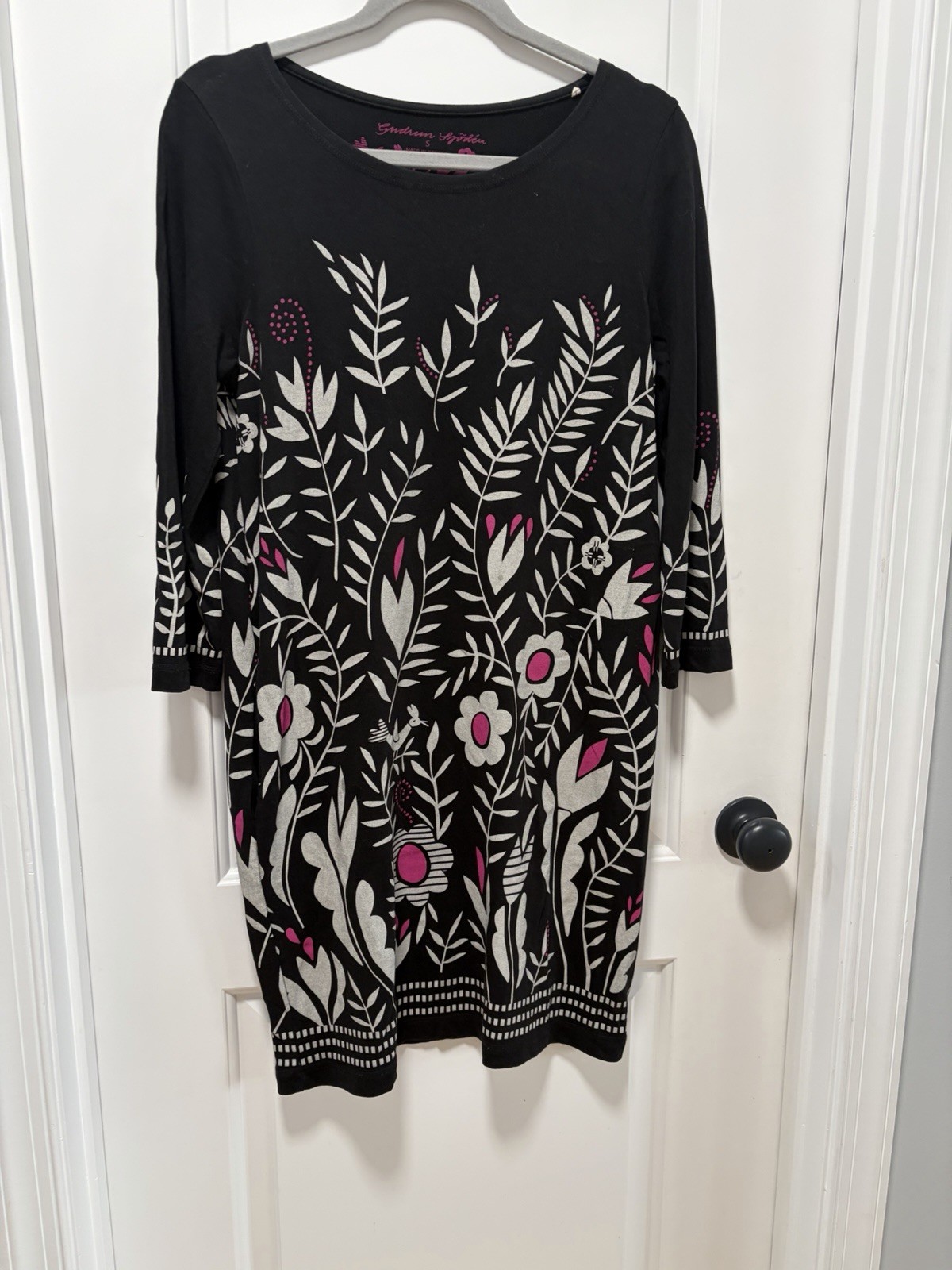 Gudrun Sjoden size Small Black Long Sleeve Dress Grey Flowers Organic Cotton