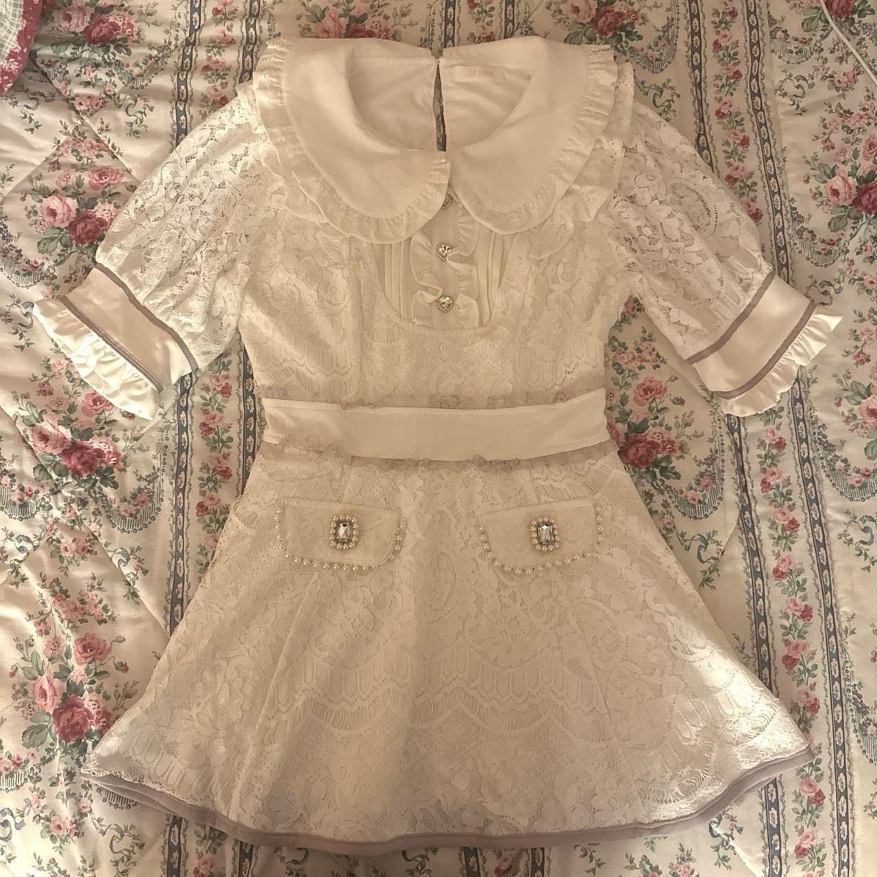 Liz Lisa White Lace Dress with Gem Detailing and Peter Pan Collar Size XS Japan