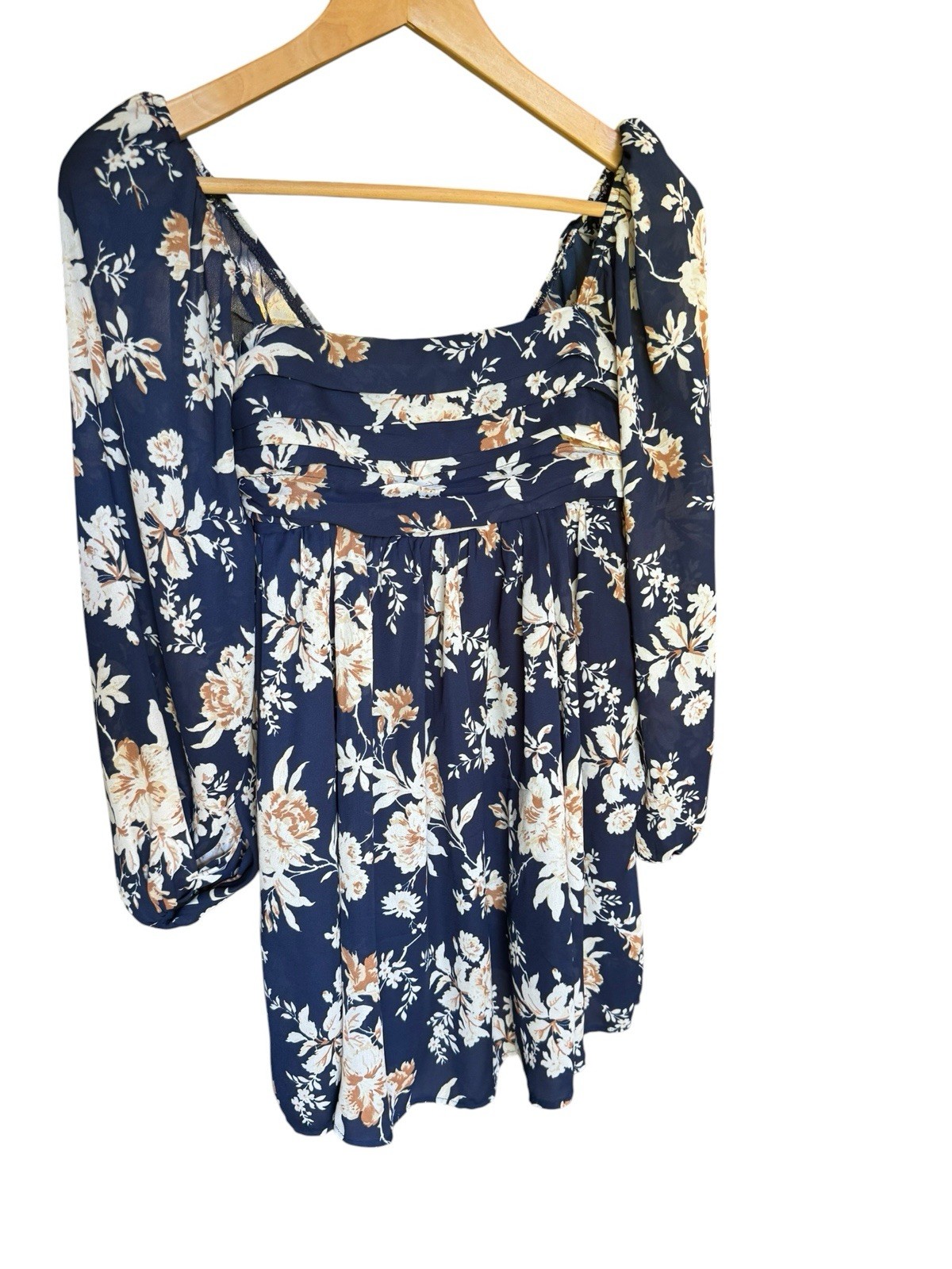 Abercrombie & Fitch XSP Navy Floral Mini Dress Puff Sleeve Smocked Back Square