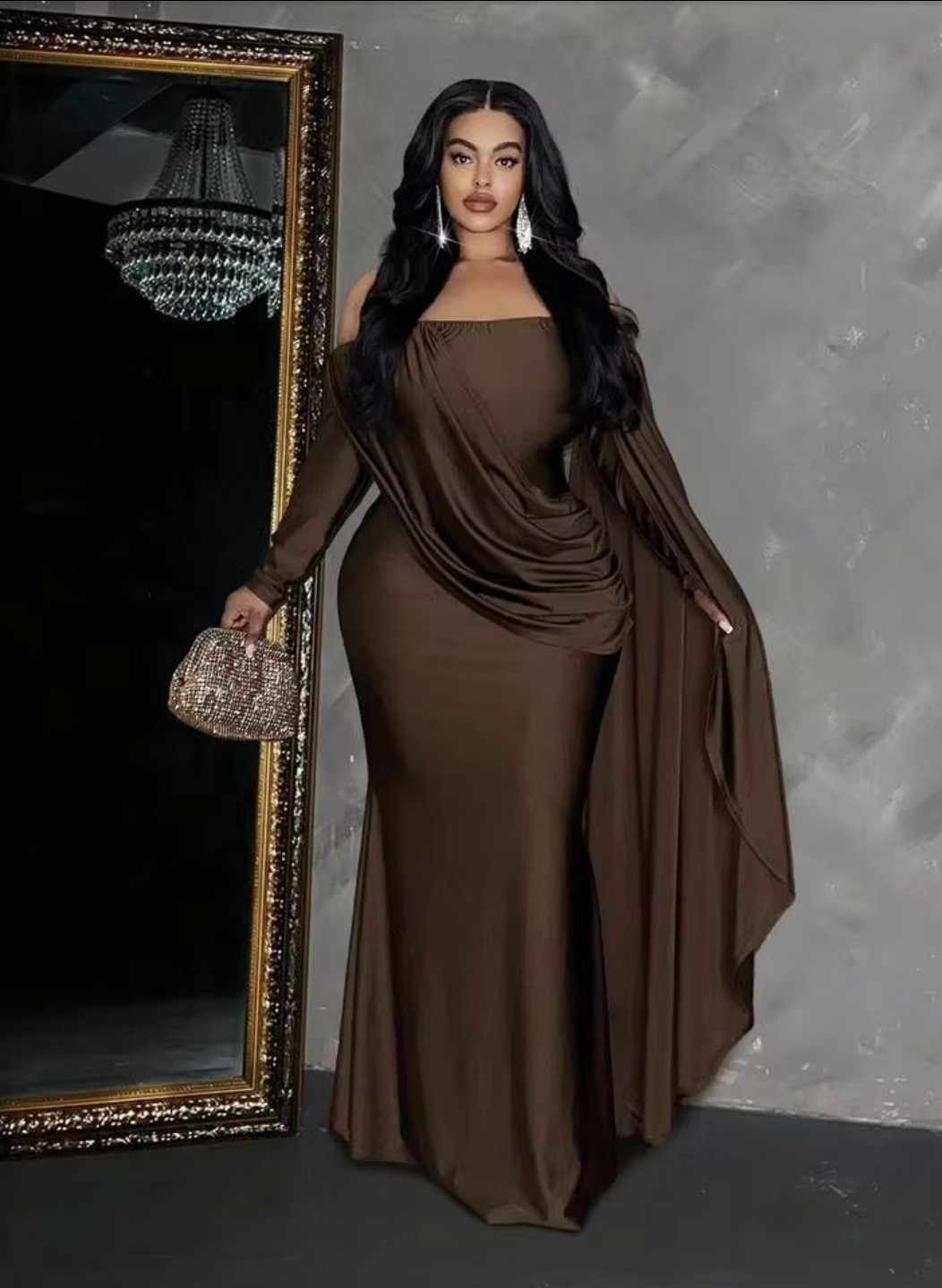 Off ShoulderLong Sleeve Ruffle Tie Design Fitted Elegant 4XL