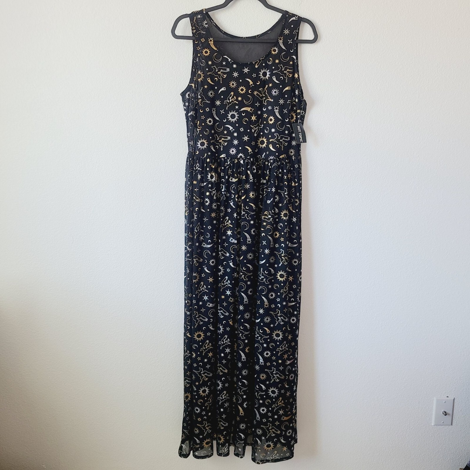 Cosmic Aura Astrology Celestial Stars Moon Foil Mesh Maxi Dress Plus Size 4X Bla