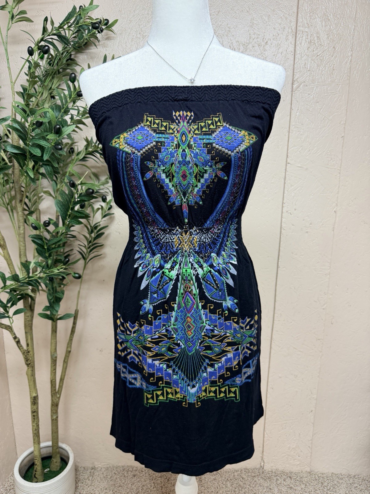 JJ Authentic Strapless Shift Dress XS/S Black Blue Green Geometric Embroidered