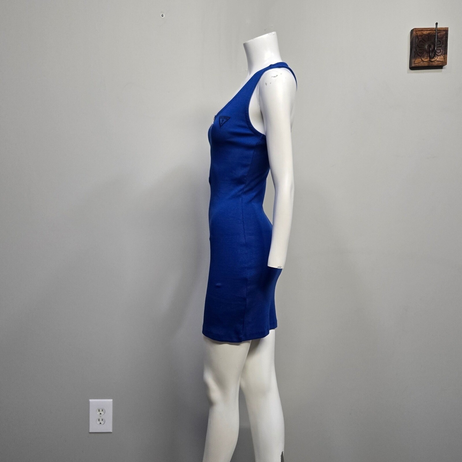 Guess Los Angeles Mini Tank Dress Medium Retro Y2K Blue Rib Knit 1/4 Zip Logo