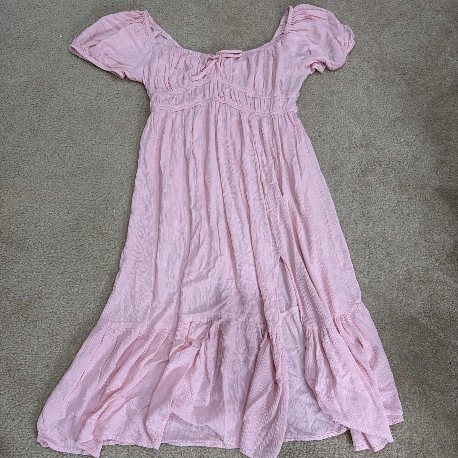 Hint of Blush Boho Midi Dress XL Pink Slit Slide Stretch Puff Sleeve Soft Girl
