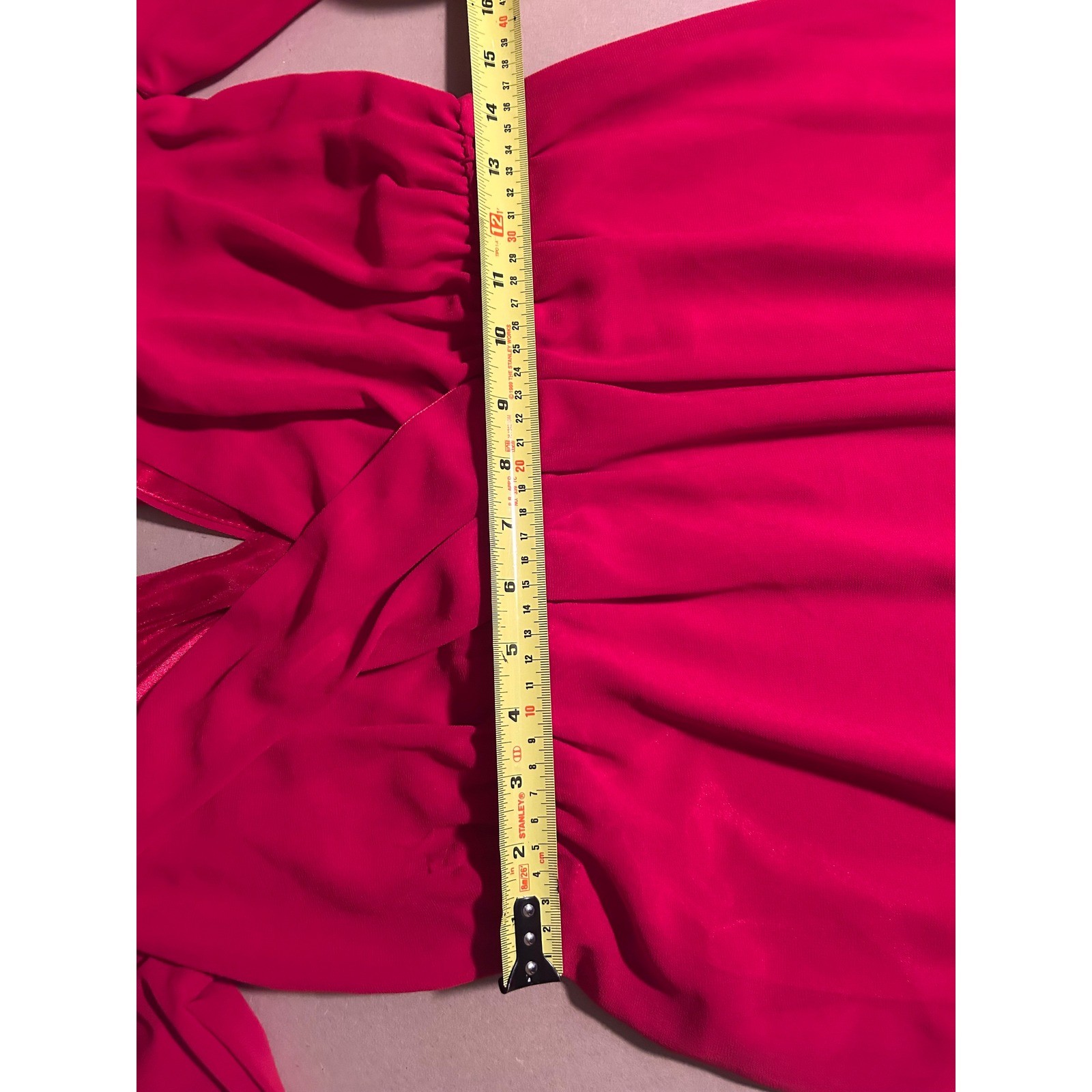 Red Plunging Deep V-Neck Studded Cuff Mini Dress Chiffon Long Sleeve Size Large