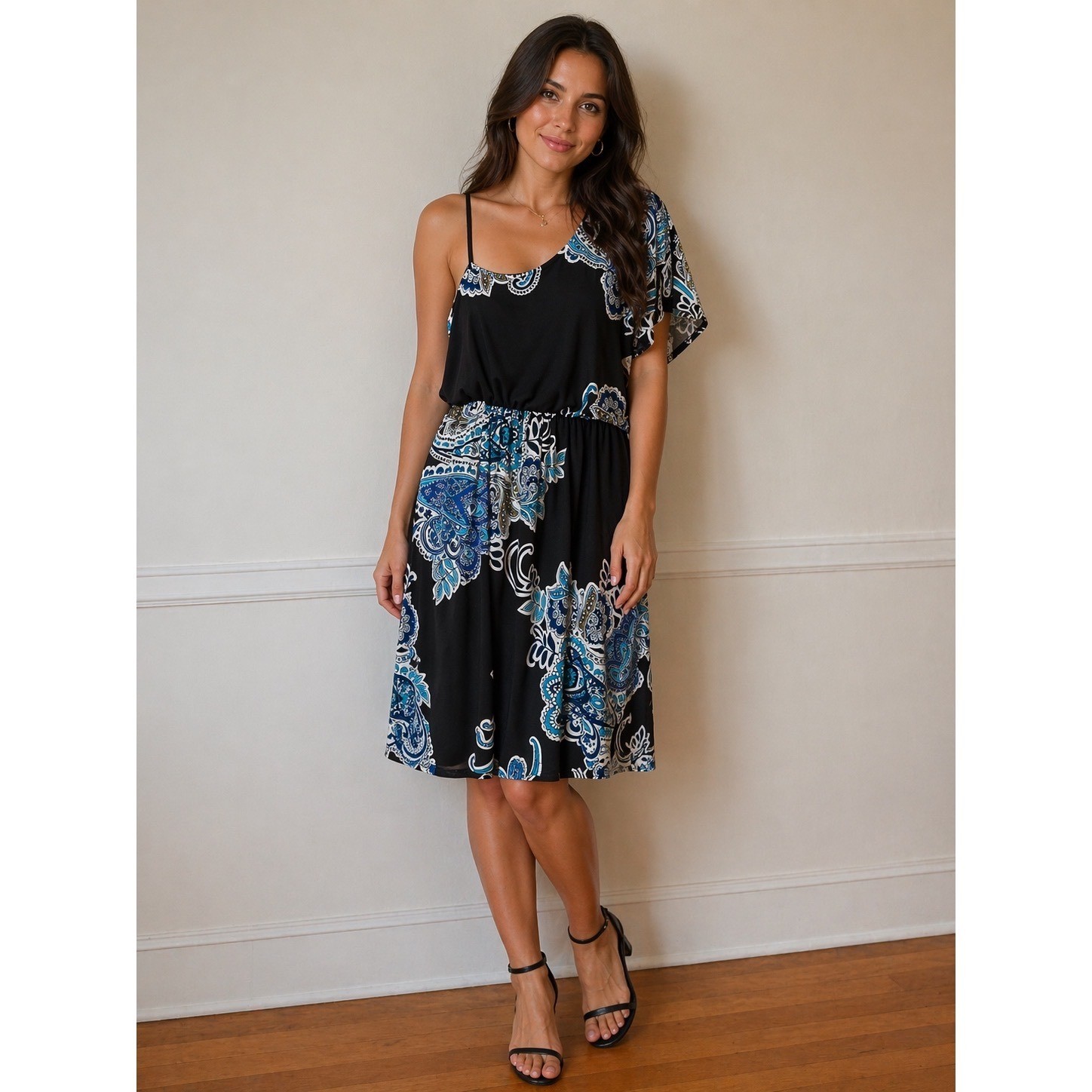 En Focus Studio Dress Womens 10 Black Paisley One Shoulder Asymmetric Sundress