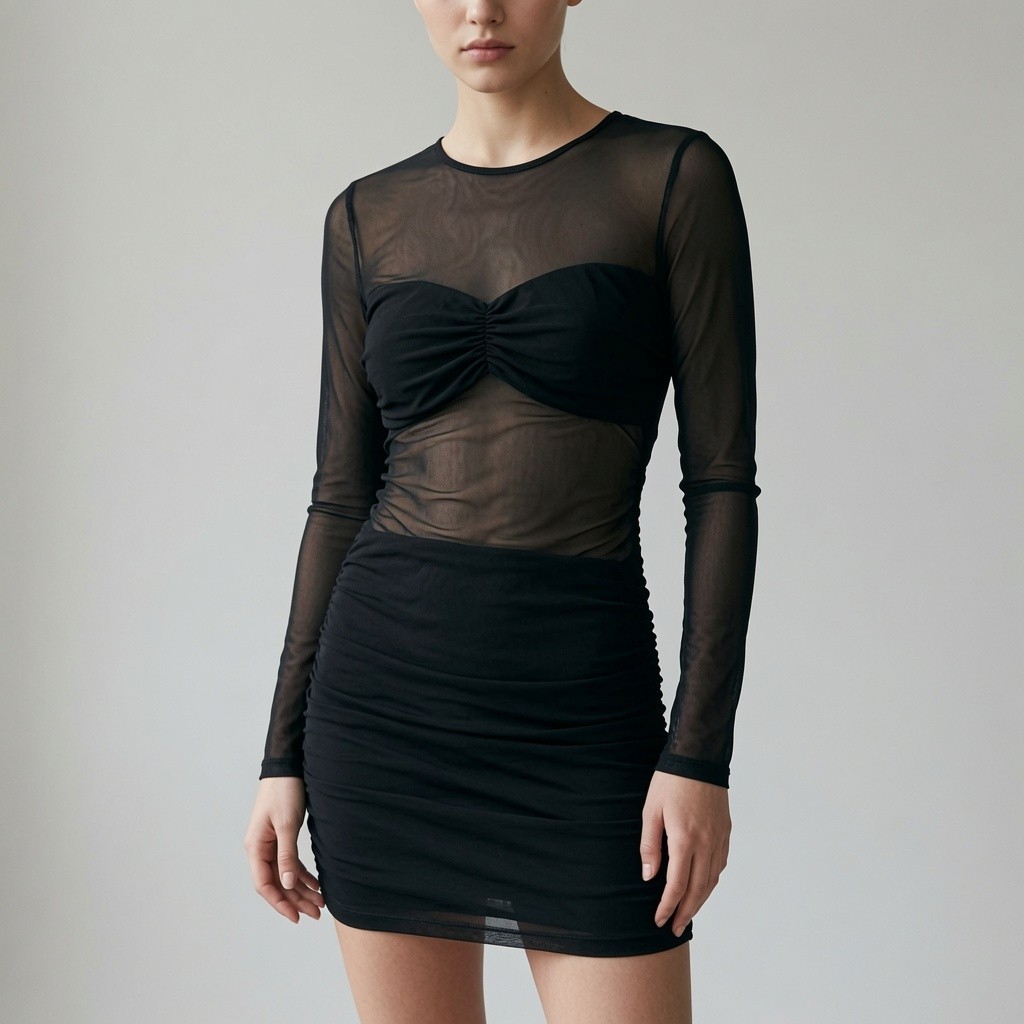Windsor Black Ruched Mesh Mini Dress Sheer Long Sleeve Bodycon Size S