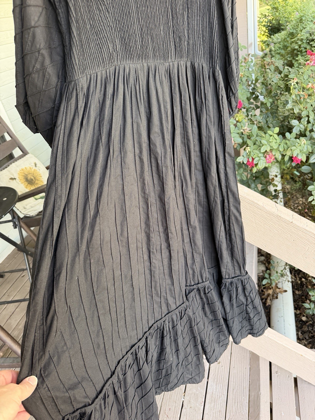 Cynthia Cazort Collins Black Textured Maxi Dress Womens M Pintuck Zip Boho READ
