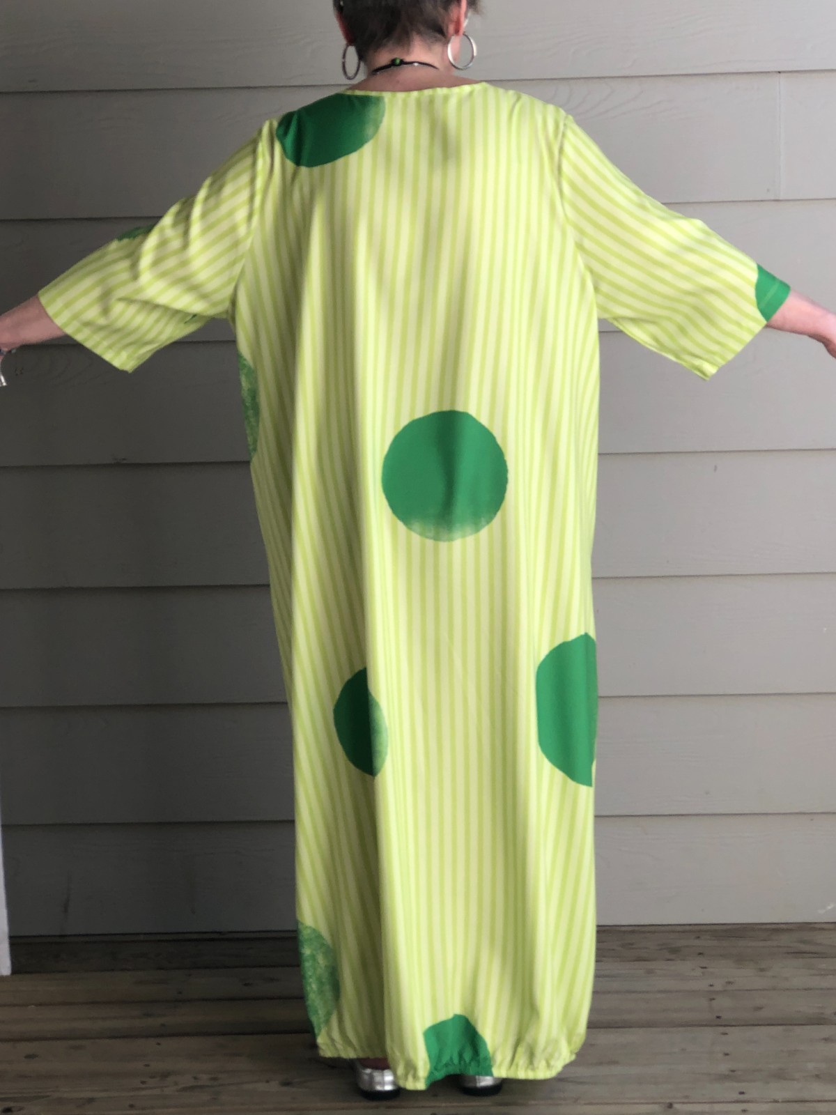 Green Polka Dot Bubble Dress Asymmetric Lagenlook Artsy Boho OSFM +Necklace