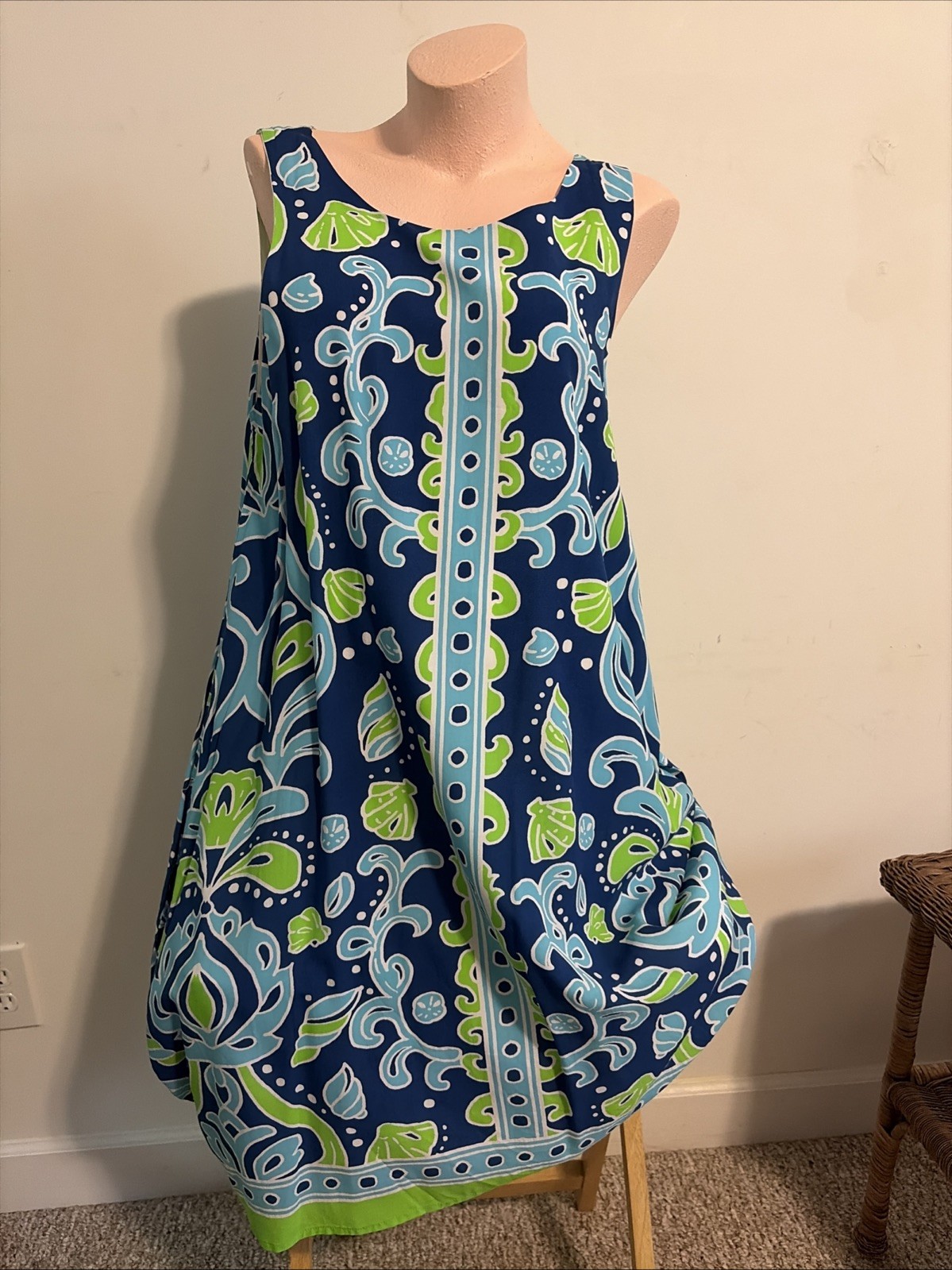 Barbara Gerwit Dress Green Blue Sea Shell Ocean Print Size L Vacation Beach