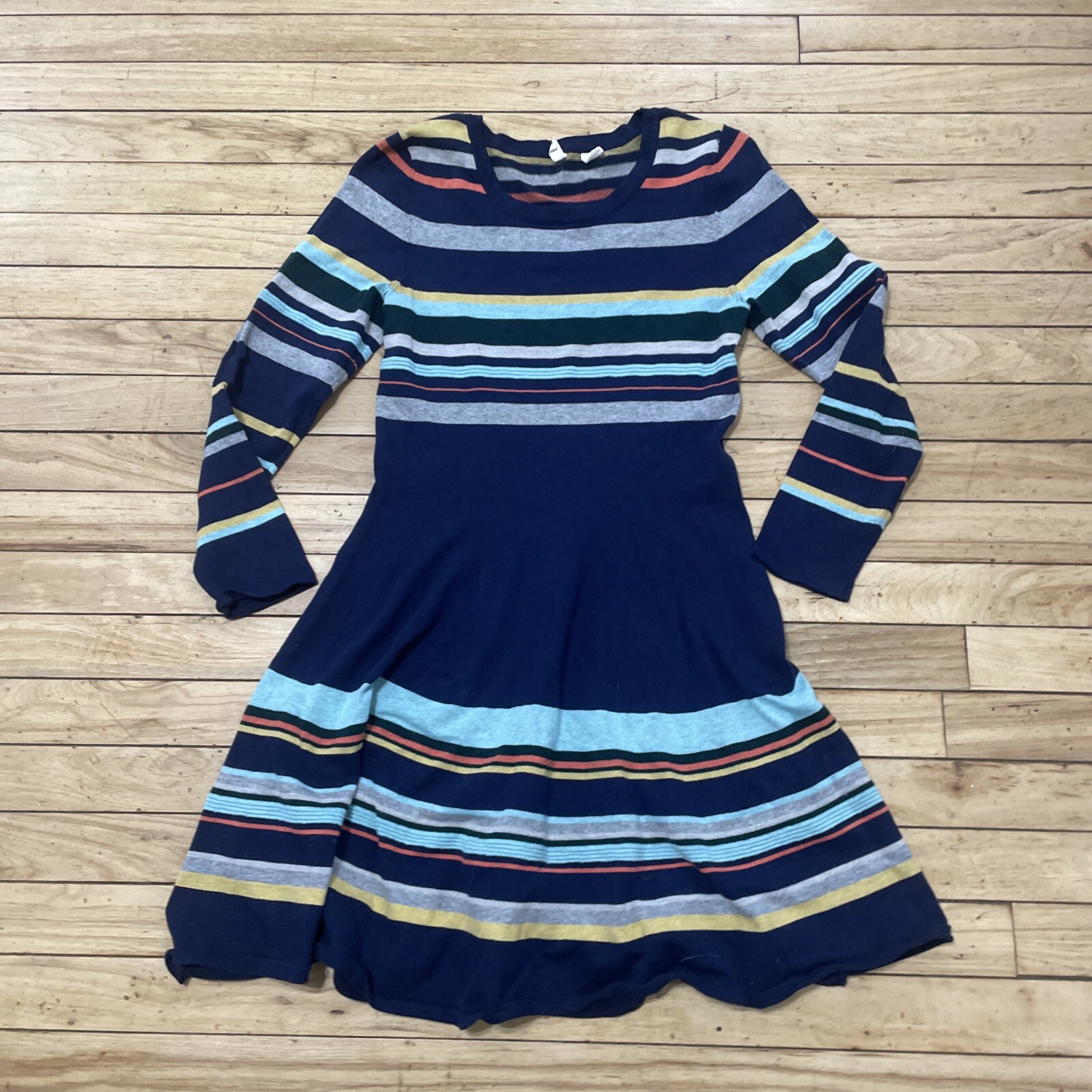Moth Sweater Dress Women S Fit Flare Stripe Blue Merino Wool Blend Boho Cozy