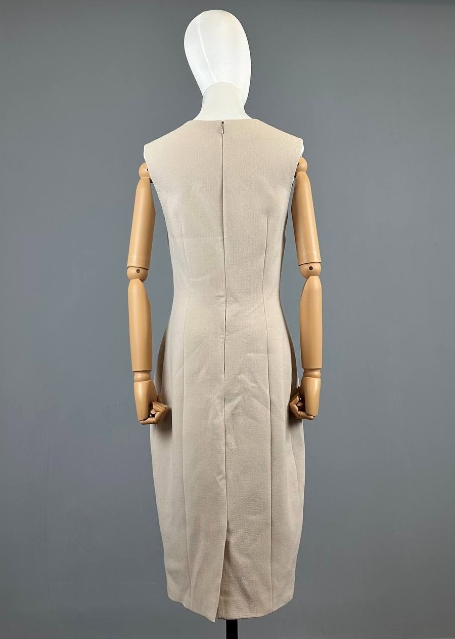 Prada Milano Beige Wool Silk Sleeveless A-Line Pencil Midi Dress Size IT 44