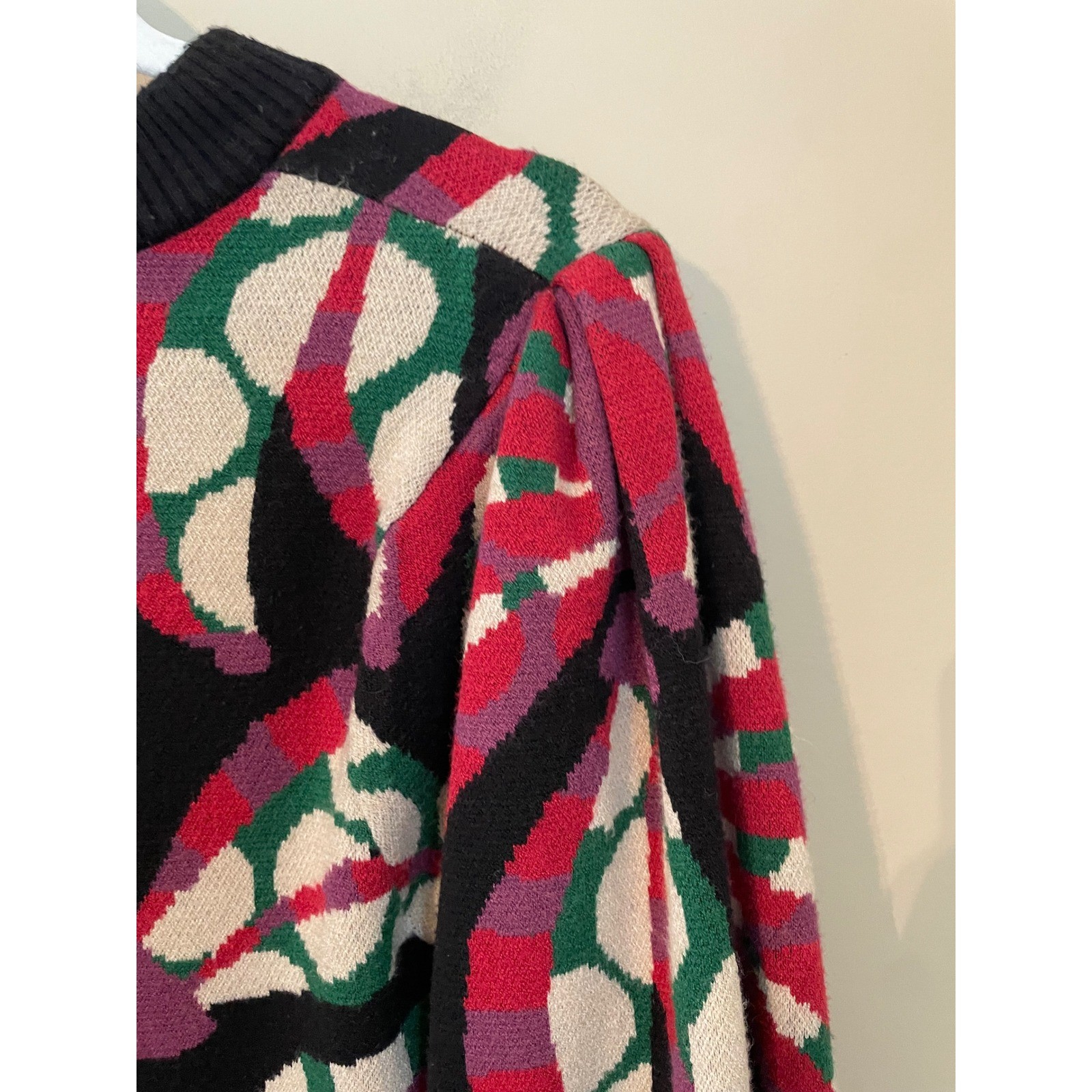 Farm Rio Banana Knit Midi Sweater Dress Black Multi Bishop Sleeve Size L