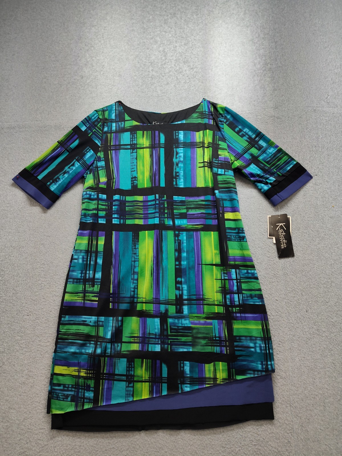 K Studio Women Dress XL Multicolor Abstract Layered Short Sleeve Stretch Career
