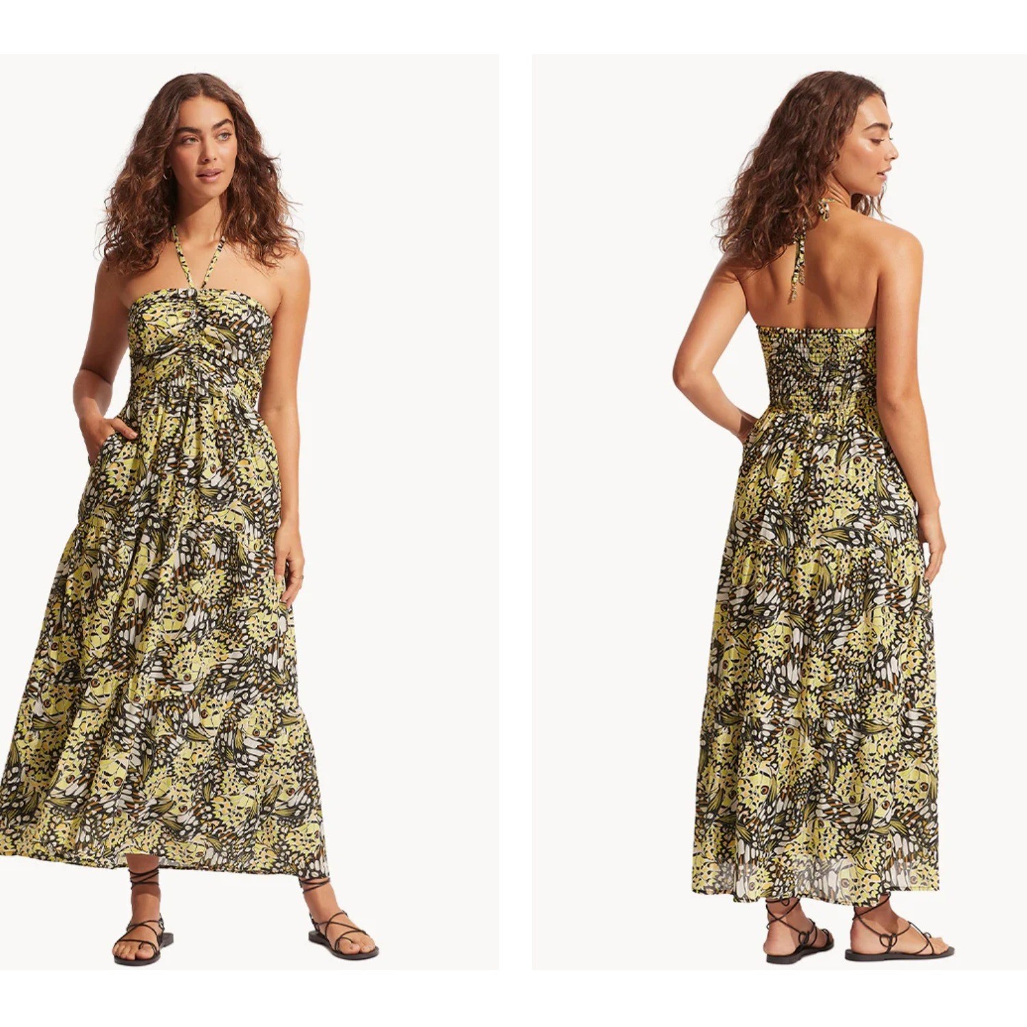 SEAFOLLY Australia Butterfly Print Halter Maxi Tiered Dress Beach Smocked XS