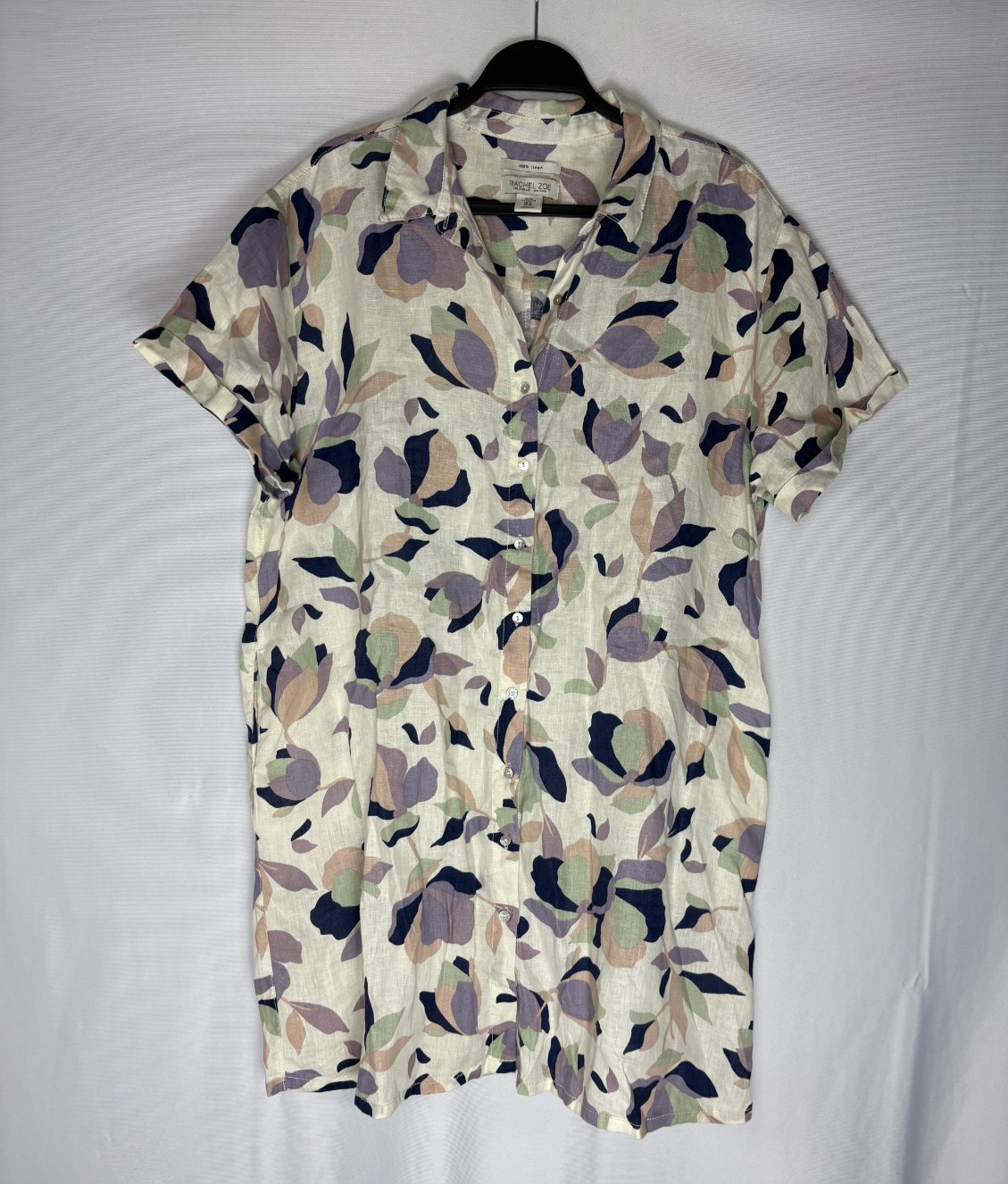 Rachel Zoe Linen Dress Sz XL Ivory Multicolor Abstract Short Sleeves Button Down