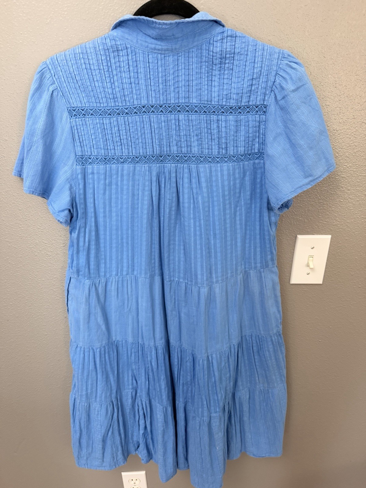Anthropologie Blue Tiered Dress Medium Cotton Lace Boho Pockets Lined