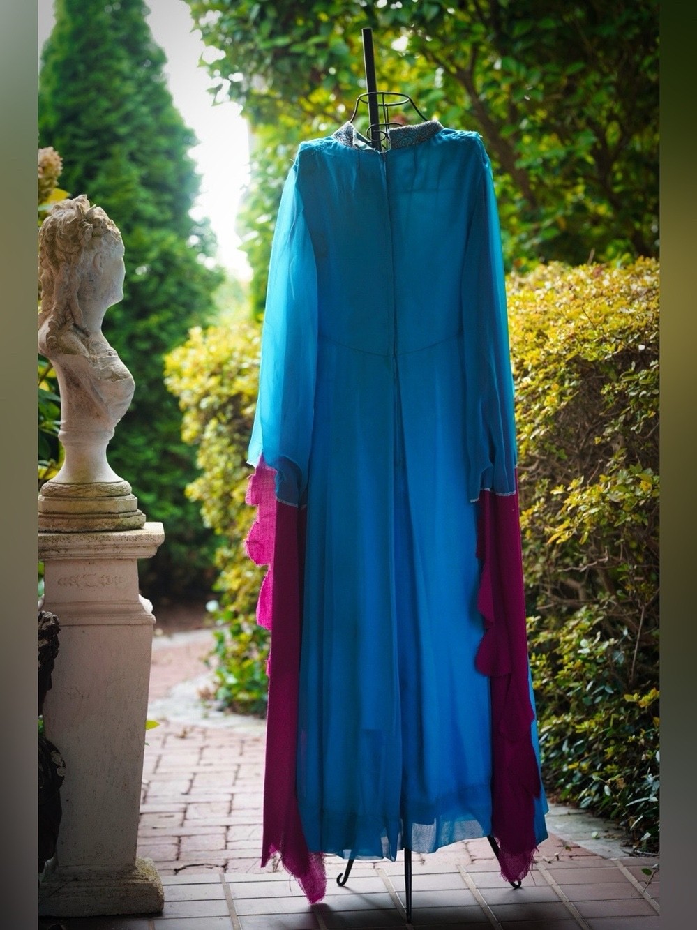 Turquoise Blue Beaded Kaftan Caftan Dress Long Sleeve Formal Boho M/L